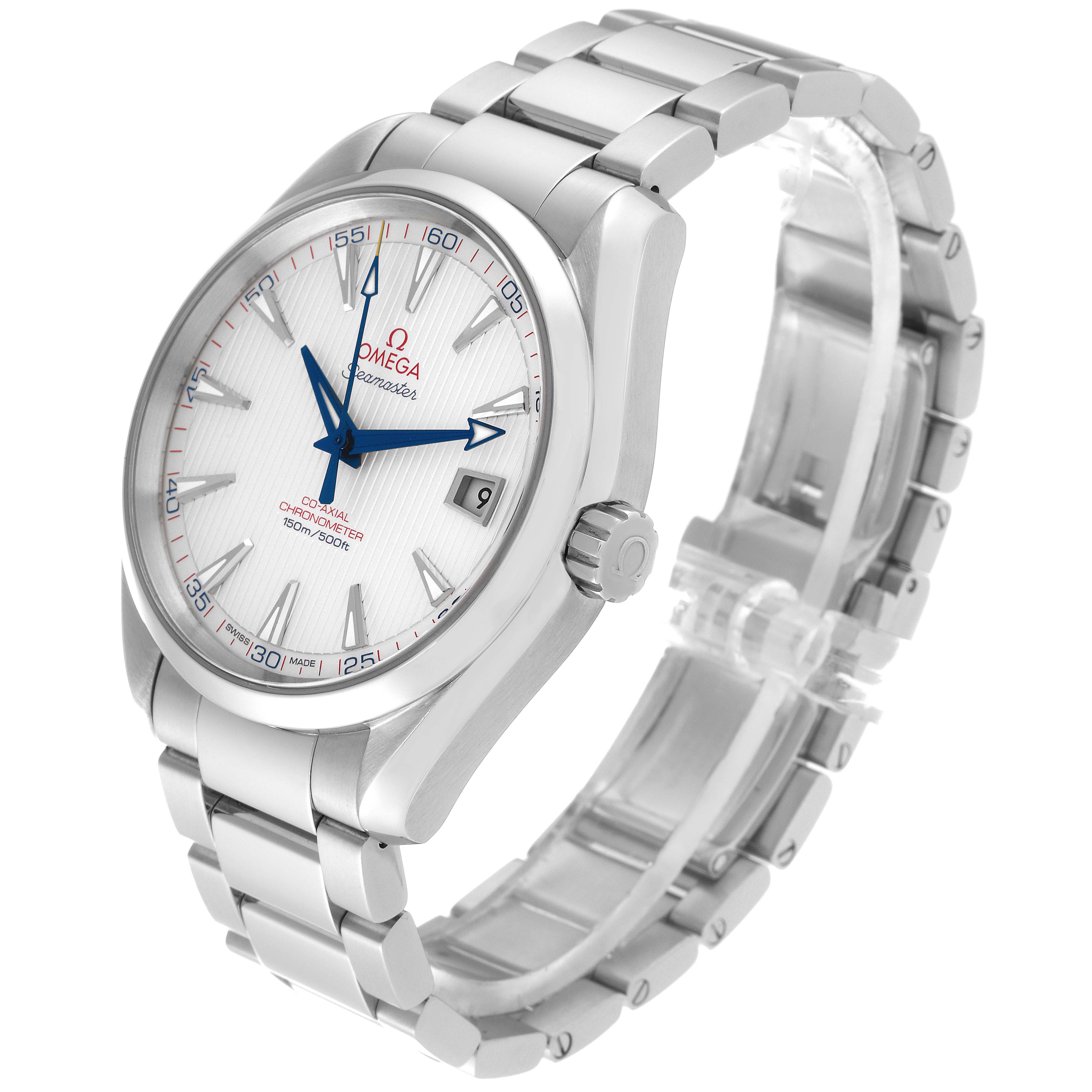 The image shows a side-angle view of the Omega Aqua Terra 231.10.42.21.02.004 Men
s Stainless Steel Silver Dial 231.10.42.21.02.004 Men
s Stainless Steel Silver Dial watch, displaying its face, bracelet, and crown.