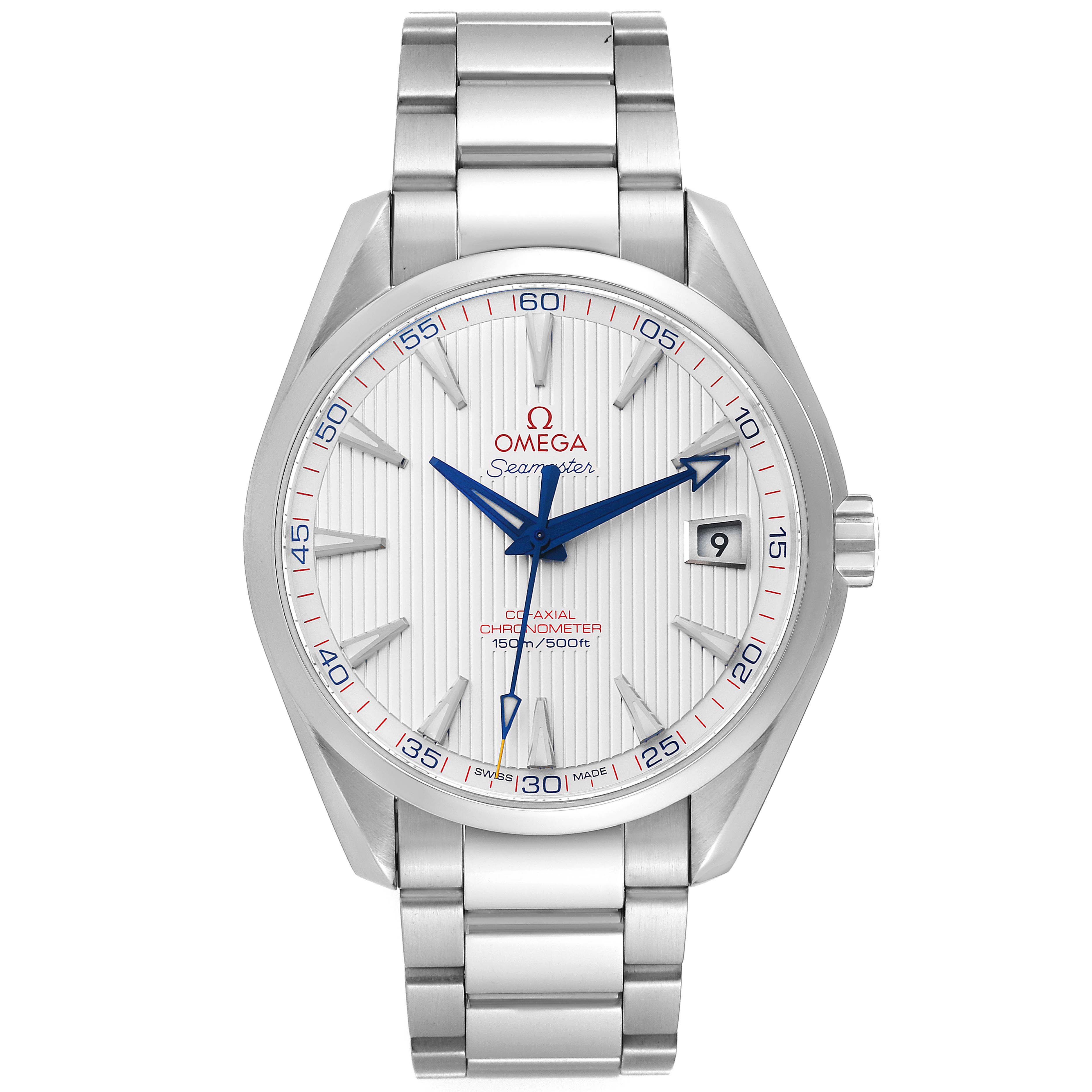 The image shows a frontal view of an Omega Seamaster Aqua Terra watch, displaying its face, dial, date window, and bracelet.