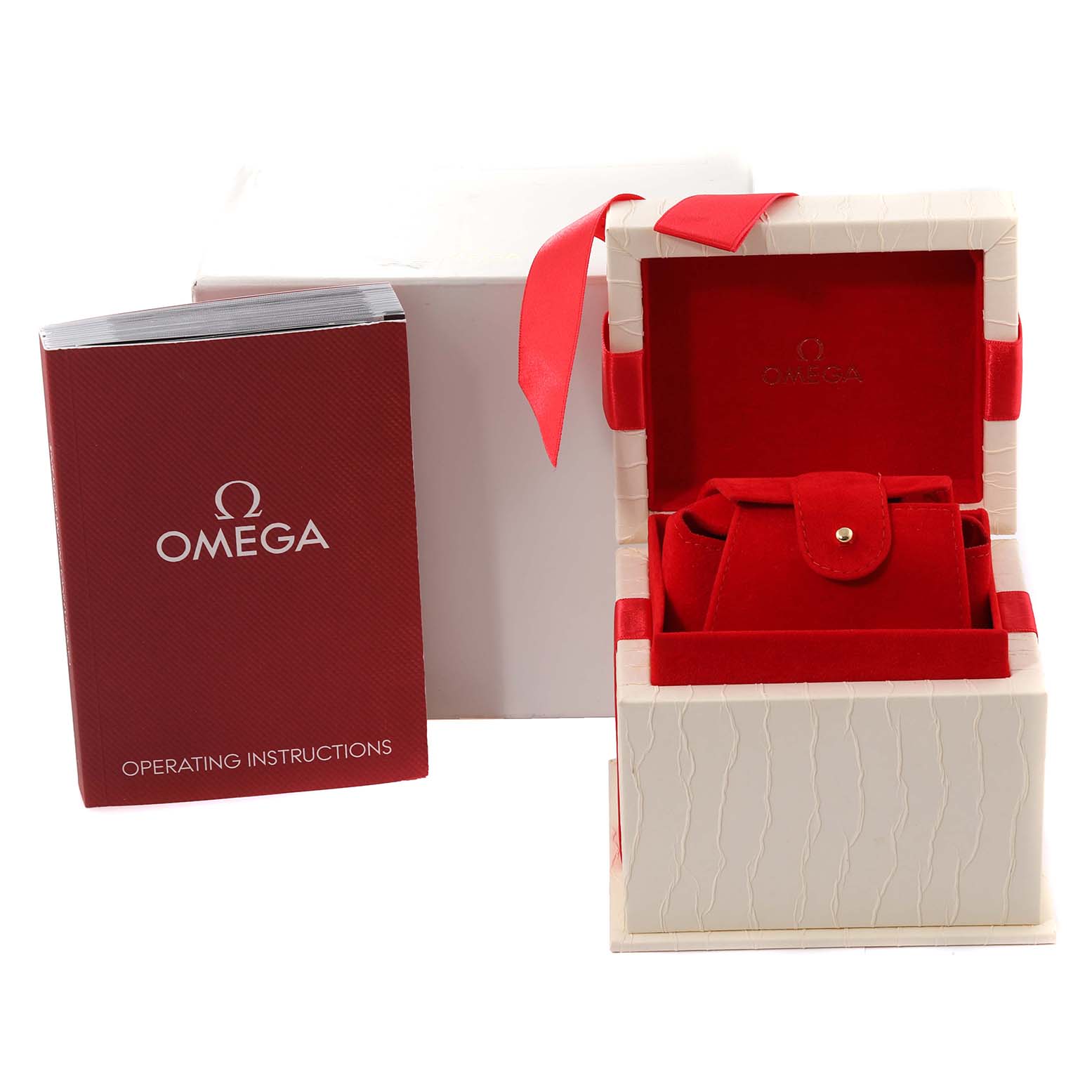 The image shows the packaging and operating instructions for the Omega 2579.75.00 Women's Stainless Steel Mother of Pearl Dial 2579.75.00 Women's Stainless Steel Mother of Pearl Dial Seamaster Aqua Terra Mother of Pearl Diamond Steel Ladies Watch 2579.75.00.