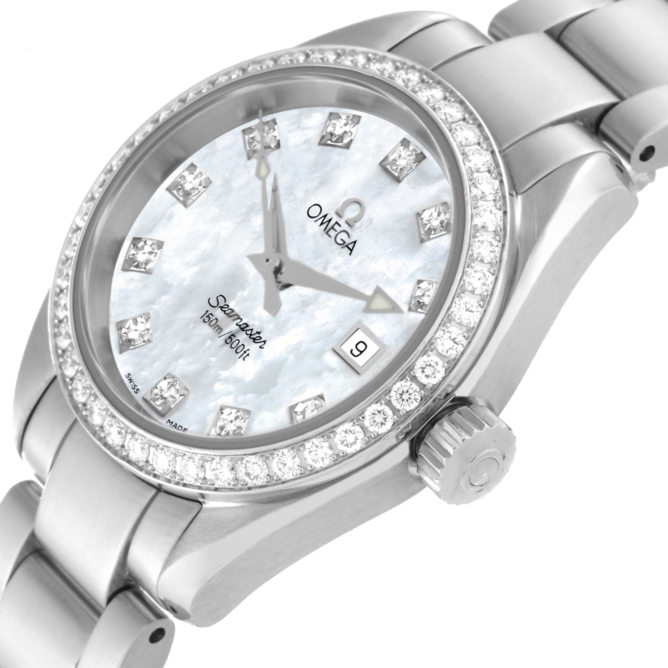 The image shows a front angled view of the Omega 2579.75.00 Women's Stainless Steel Mother of Pearl Dial 2579.75.00 Women's Stainless Steel Mother of Pearl Dial Seamaster Aqua Terra Mother of Pearl Diamond Steel Ladies Watch 2579.75.00, highlighting the dial, bezel, and crown.