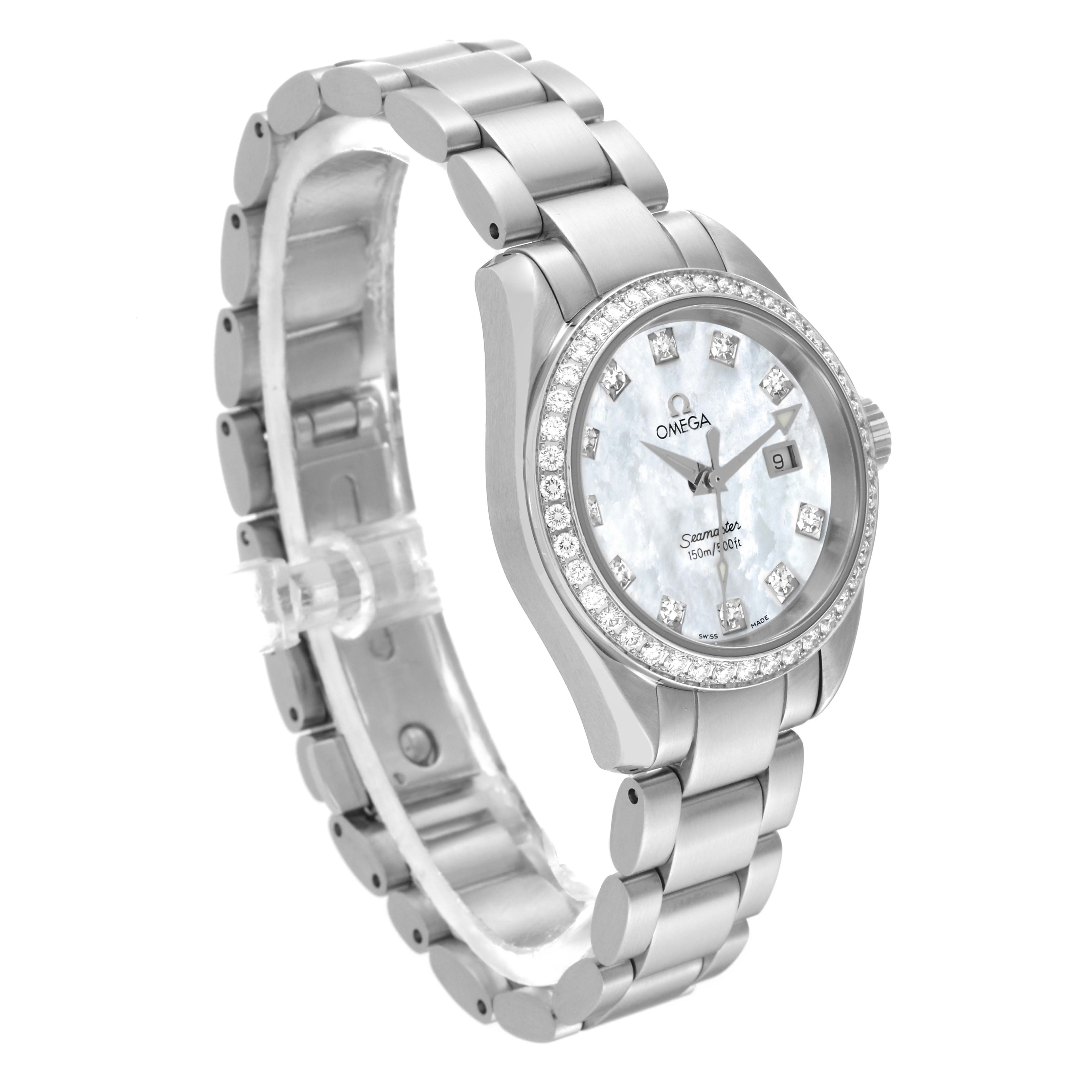 The image shows an Omega 2579.75.00 Women's Stainless Steel Mother of Pearl Dial 2579.75.00 Women's Stainless Steel Mother of Pearl Dial Seamaster Aqua Terra Mother of Pearl Diamond Steel Ladies Watch 2579.75.00 at a slight angle highlighting its face and bracelet.