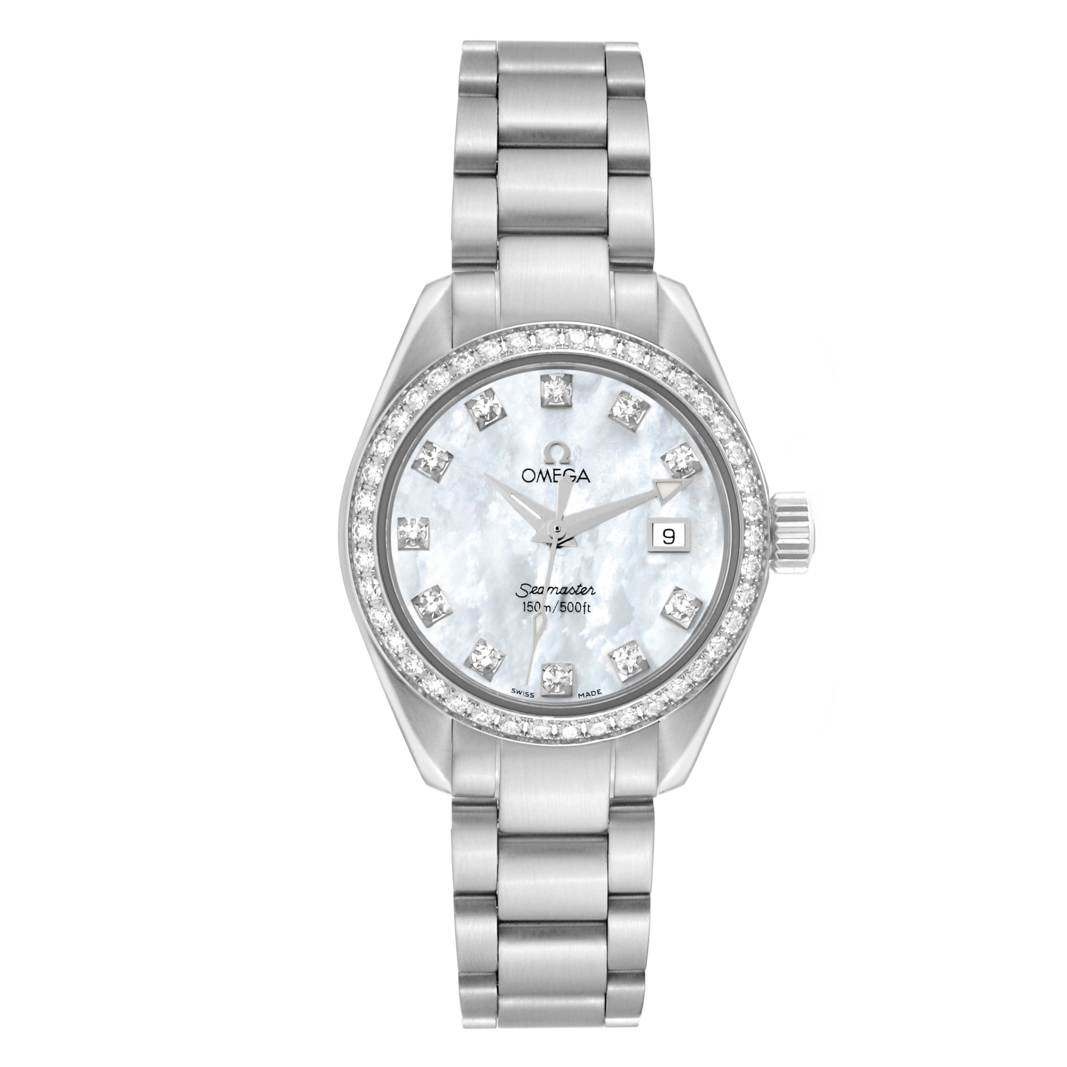 The Omega 2579.75.00 Women's Stainless Steel Mother of Pearl Dial 2579.75.00 Women's Stainless Steel Mother of Pearl Dial Seamaster Aqua Terra Mother of Pearl Diamond Steel Ladies Watch 2579.75.00 is shown from the front, displaying the dial, bezel, and bracelet.
