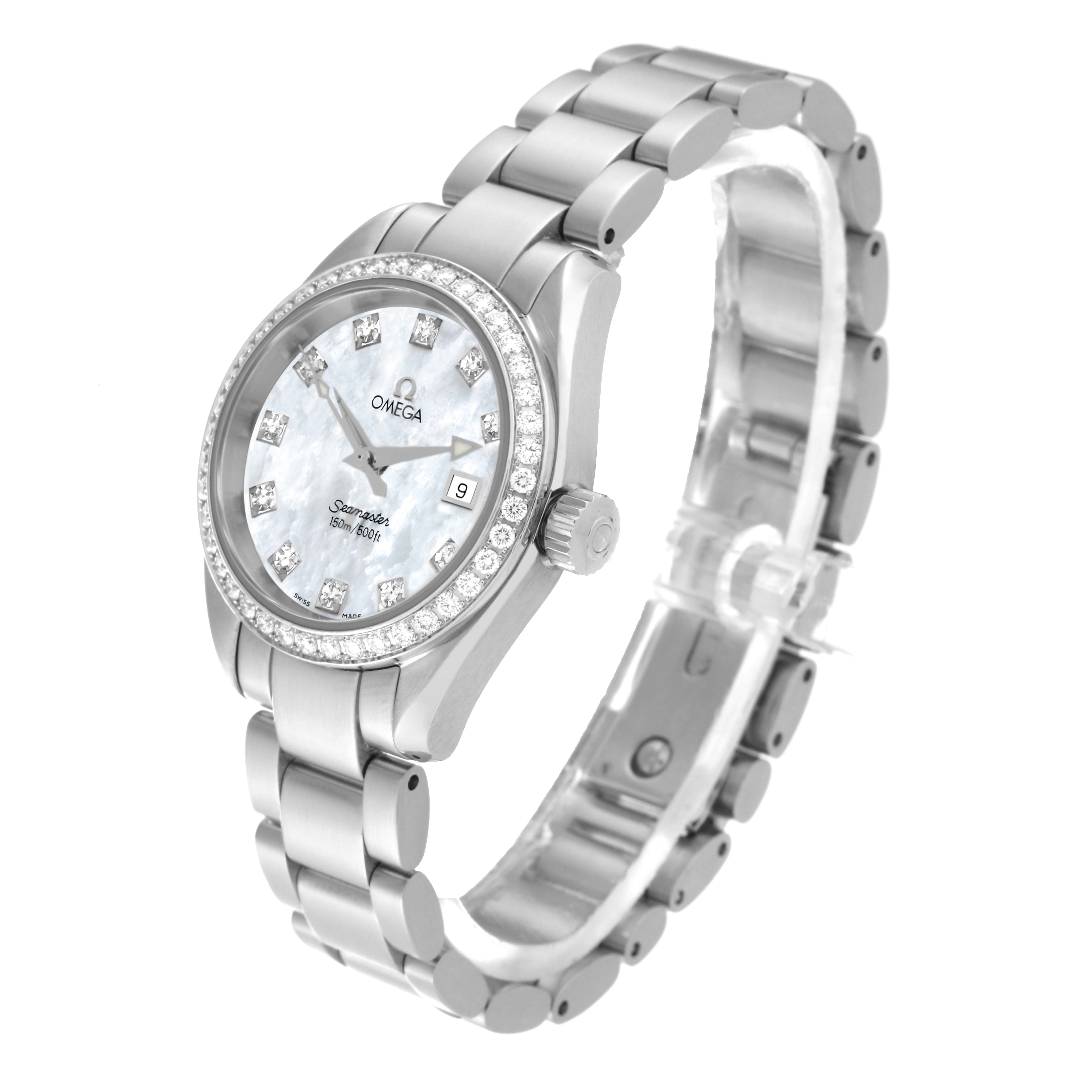 The Omega 2579.75.00 Women's Stainless Steel Mother of Pearl Dial 2579.75.00 Women's Stainless Steel Mother of Pearl Dial Seamaster Aqua Terra Mother of Pearl Diamond Steel Ladies Watch 2579.75.00 is shown at a three-quarter angle, highlighting the face and bracelet.