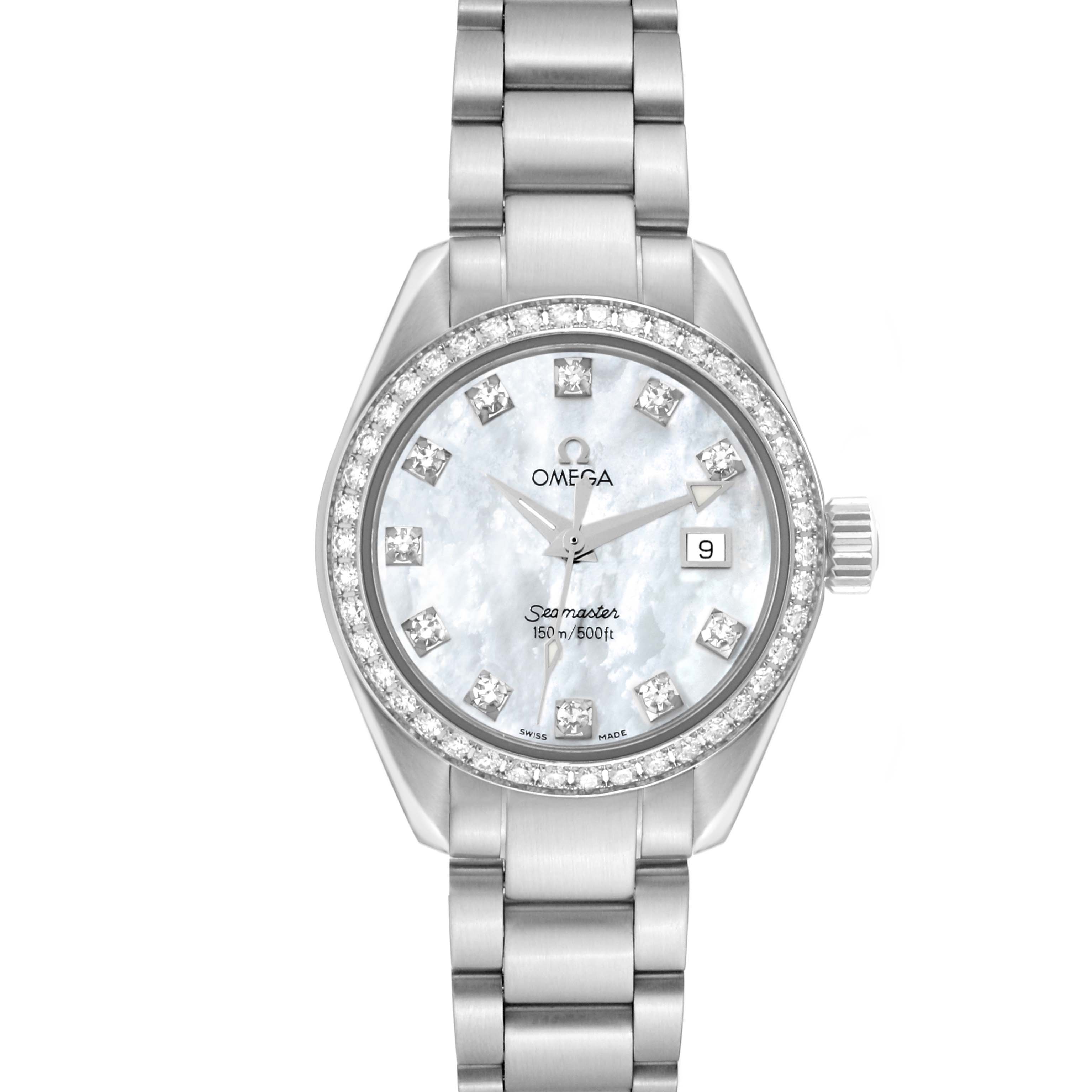 The Omega 2579.75.00 Women's Stainless Steel Mother of Pearl Dial 2579.75.00 Women's Stainless Steel Mother of Pearl Dial Seamaster Aqua Terra Mother of Pearl Diamond Steel Ladies Watch 2579.75.00 is shown from a top view angle, displaying its face and bracelet.