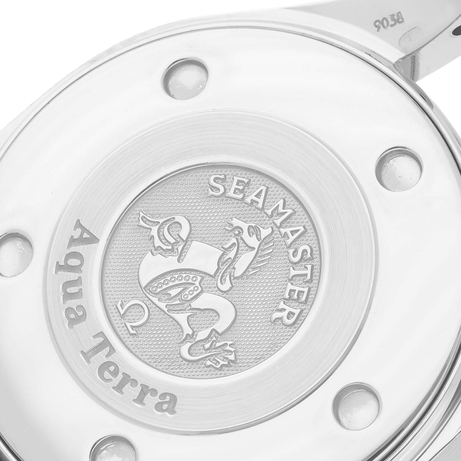 The image shows a close-up of the back case of the Omega 2579.75.00 Women's Stainless Steel Mother of Pearl Dial 2579.75.00 Women's Stainless Steel Mother of Pearl Dial Seamaster Aqua Terra 2579.75.00 watch, highlighting the engraved emblem.