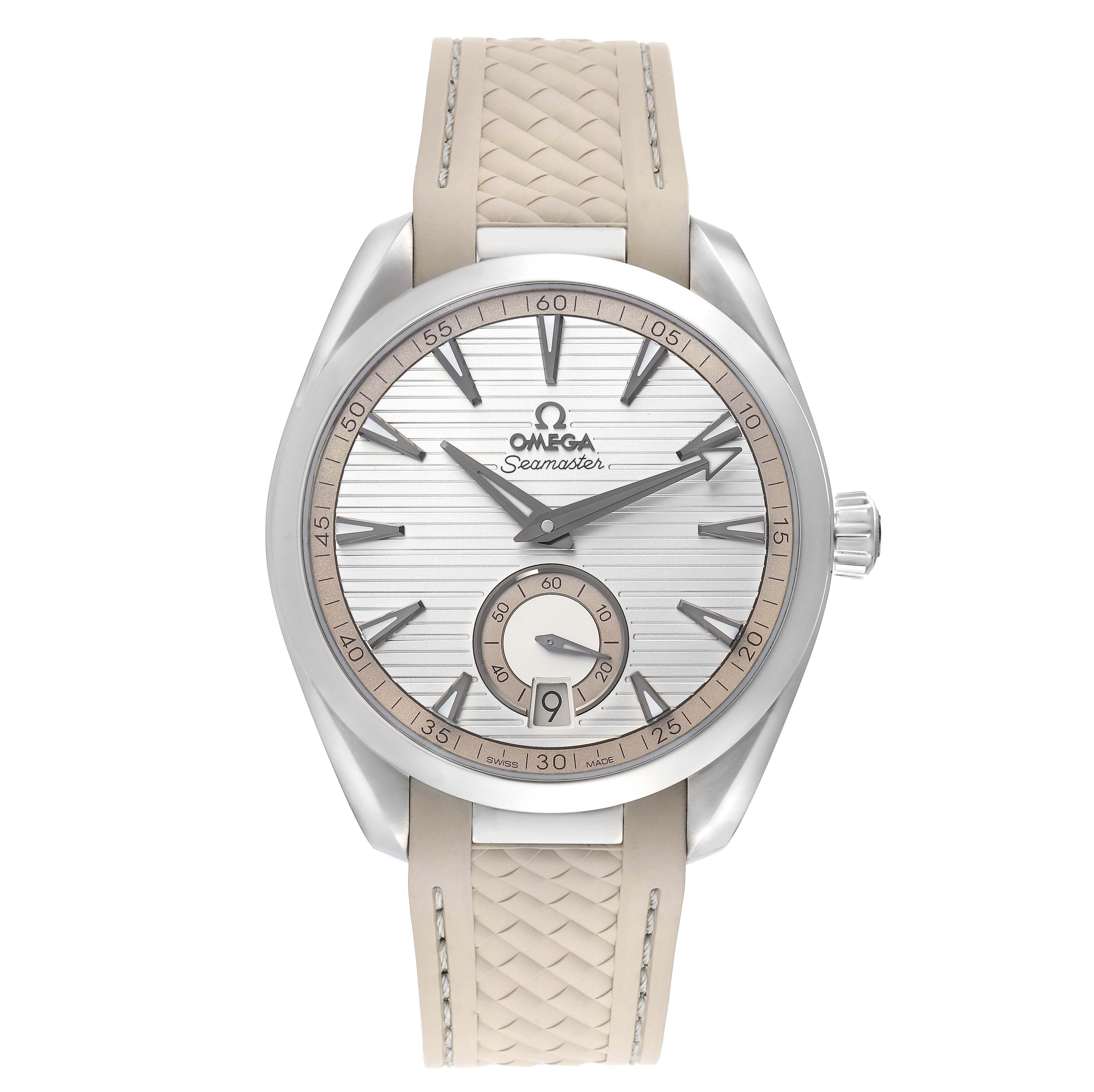 The Omega Aqua Terra 220.12.41.21.02.005 Men's Stainless Steel Silver Dial 220.12.41.21.02.005 Men's Stainless Steel Silver Dial watch is shown from a front angle, highlighting the dial, bezel, and light-colored strap.