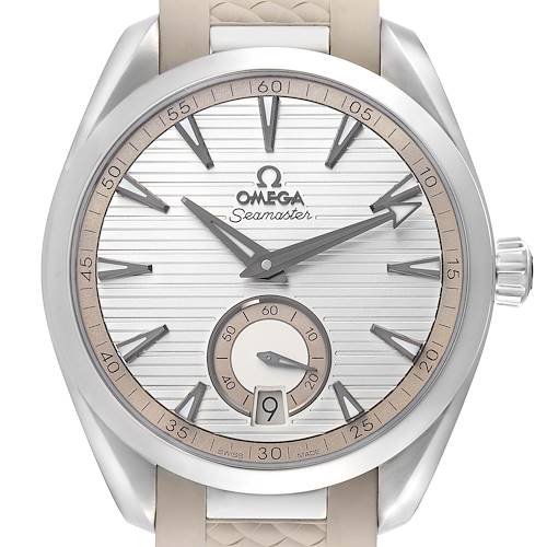 The image shows an Omega Aqua Terra watch face straight-on, displaying the dial, hour markers, hands, and crown.