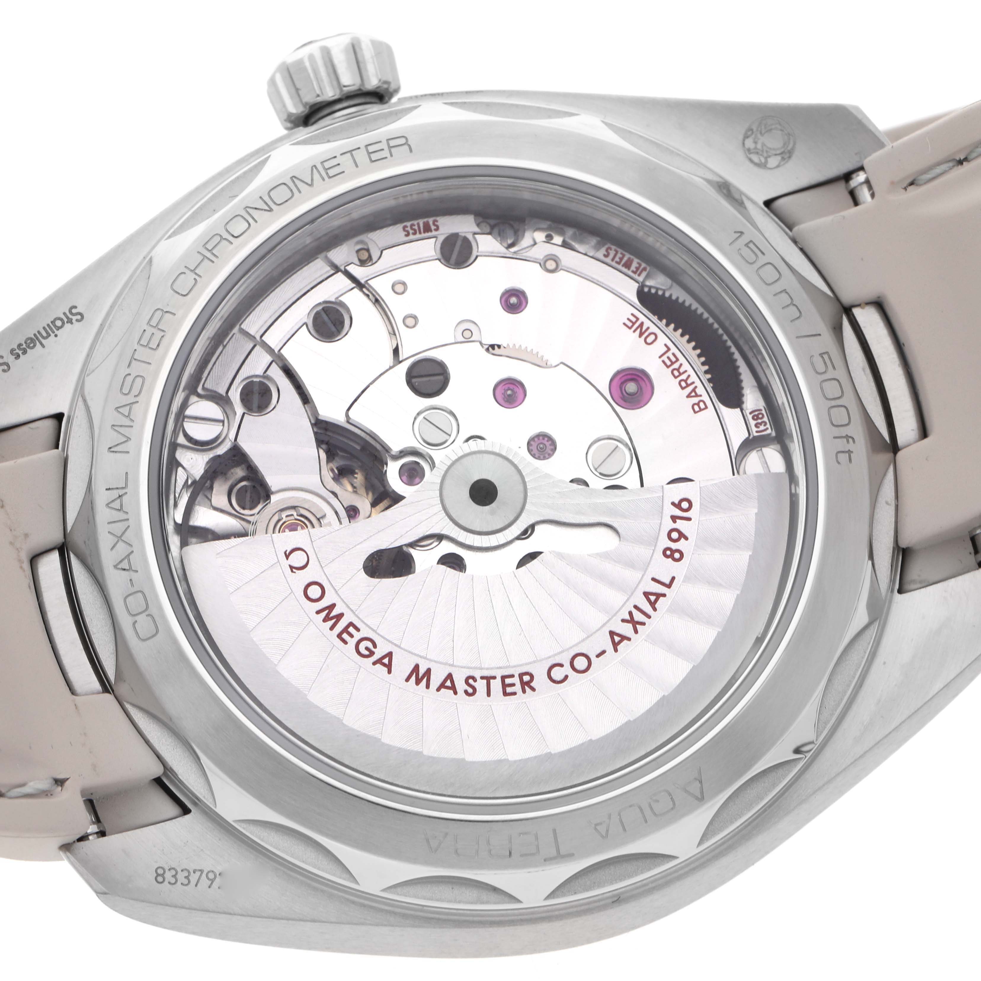 The image shows the back casing of an Omega Aqua Terra 220.12.41.21.02.005 Men's Stainless Steel Silver Dial 220.12.41.21.02.005 Men's Stainless Steel Silver Dial, displaying its movement and co-axial mechanism.