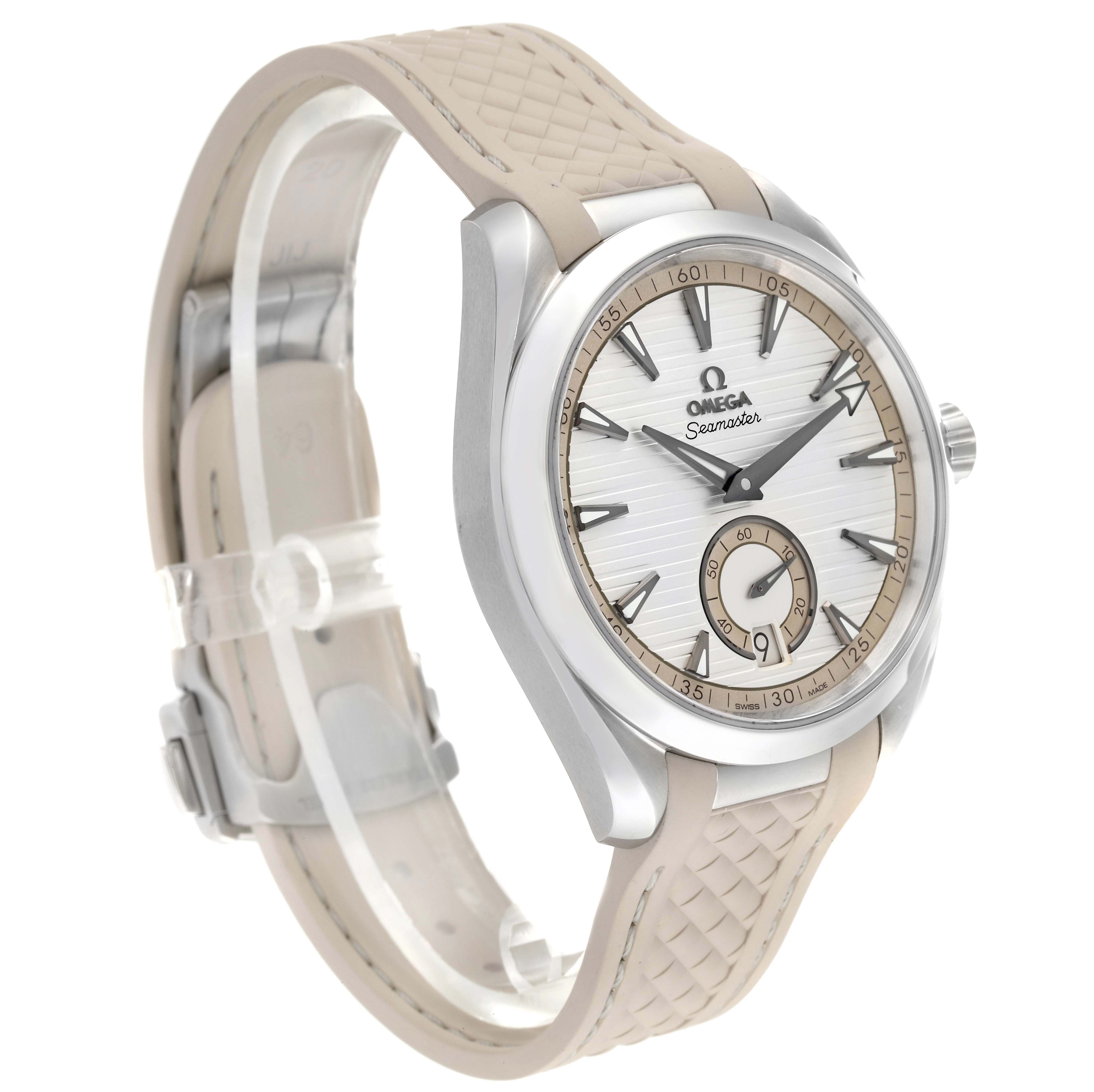 The Omega Aqua Terra 220.12.41.21.02.005 Men's Stainless Steel Silver Dial 220.12.41.21.02.005 Men's Stainless Steel Silver Dial watch is shown at an angled side view, highlighting the dial, bezel, and strap.