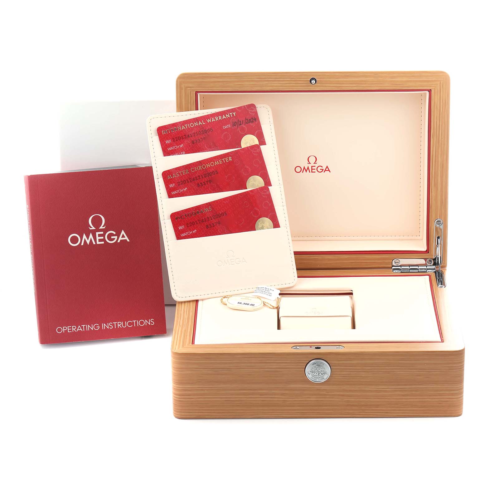 The image shows the Omega Aqua Terra 220.12.41.21.02.005 Men's Stainless Steel Silver Dial 220.12.41.21.02.005 Men's Stainless Steel Silver Dial watch accessories, including the box, cards, and instruction booklet from a front angle.