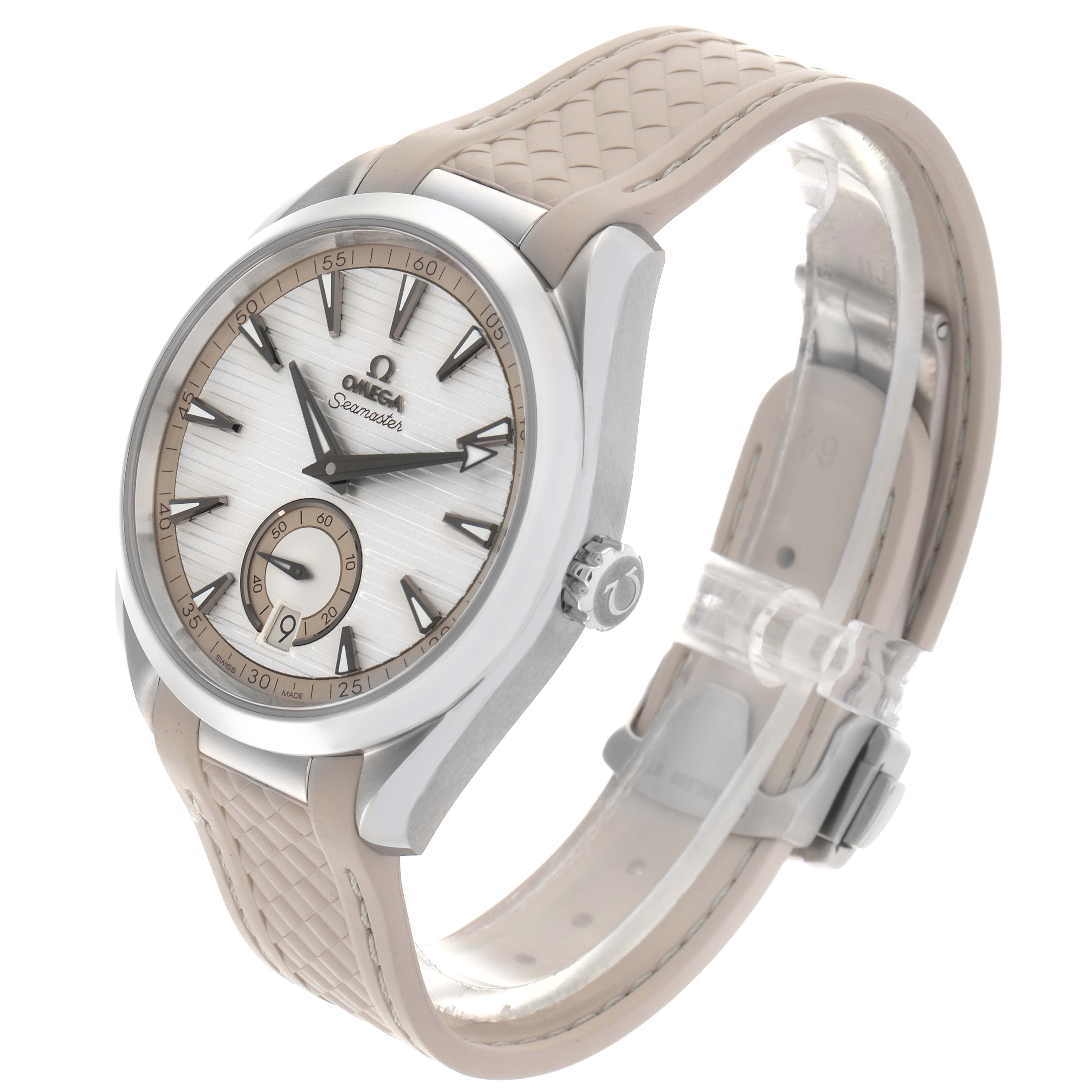 The Omega Aqua Terra 220.12.41.21.02.005 Men's Stainless Steel Silver Dial 220.12.41.21.02.005 Men's Stainless Steel Silver Dial watch is shown at a three-quarter angle, highlighting the face, bezel, and textured strap.