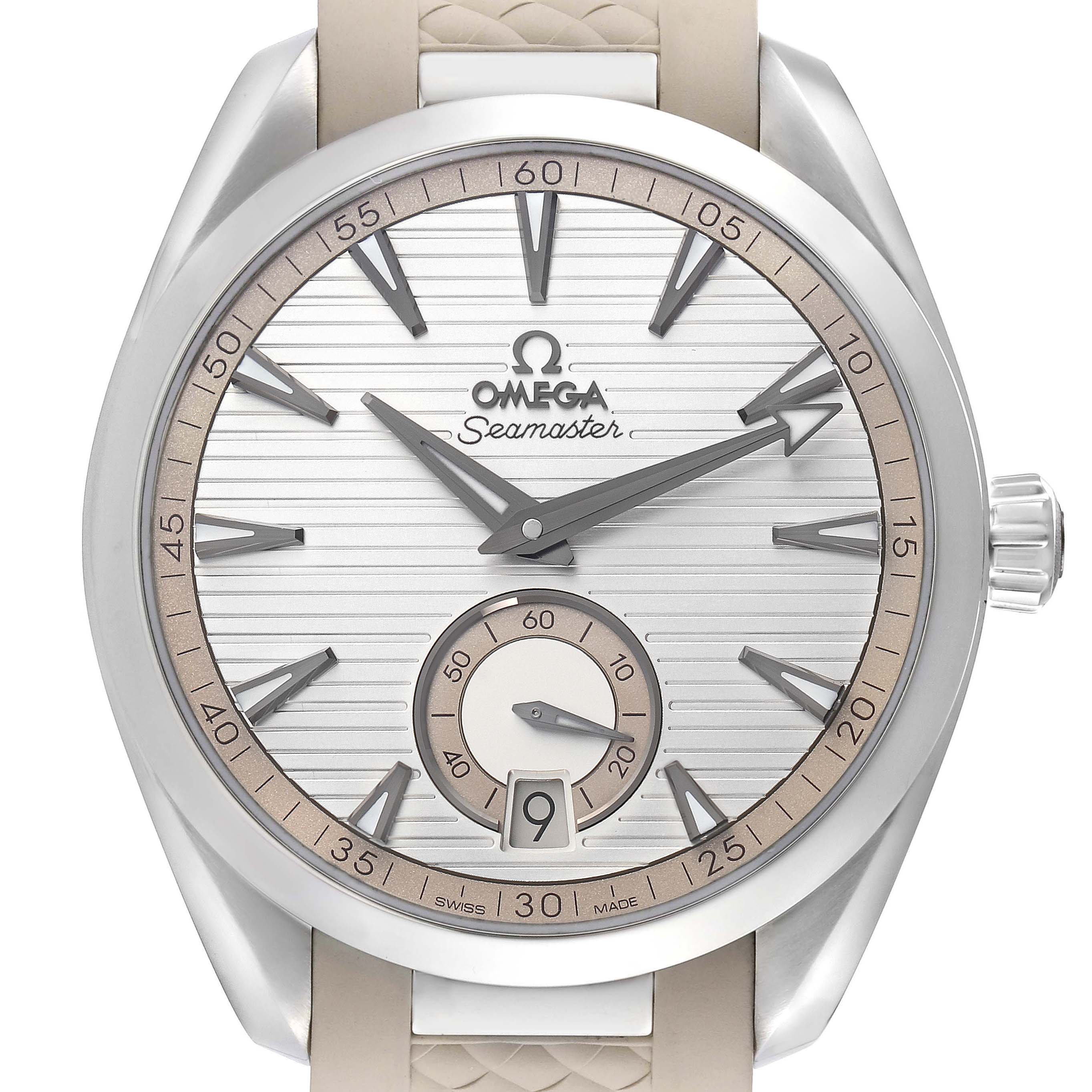 The Omega Aqua Terra 220.12.41.21.02.005 Men's Stainless Steel Silver Dial 220.12.41.21.02.005 Men's Stainless Steel Silver Dial watch is shown from a front angle, highlighting its dial, hands, crown, and part of the strap.