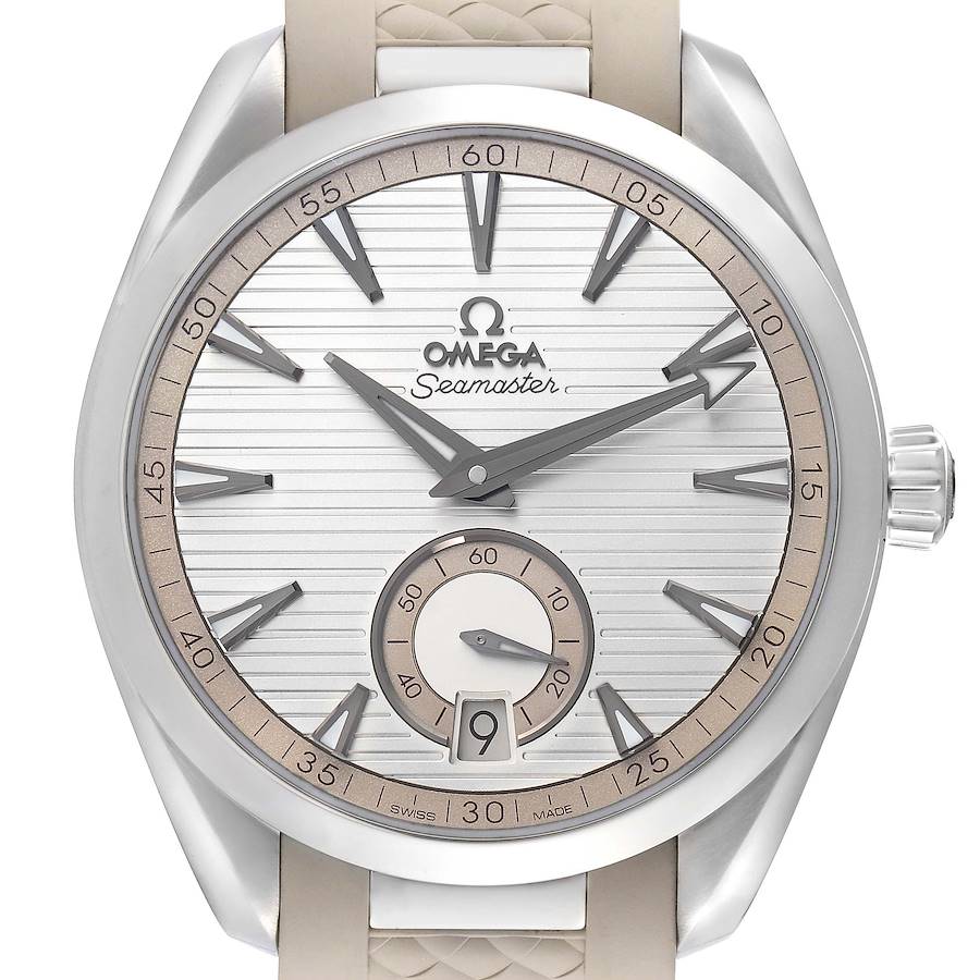 The Omega Aqua Terra watch is shown from a front angle, highlighting its dial, hands, crown, and part of the strap.