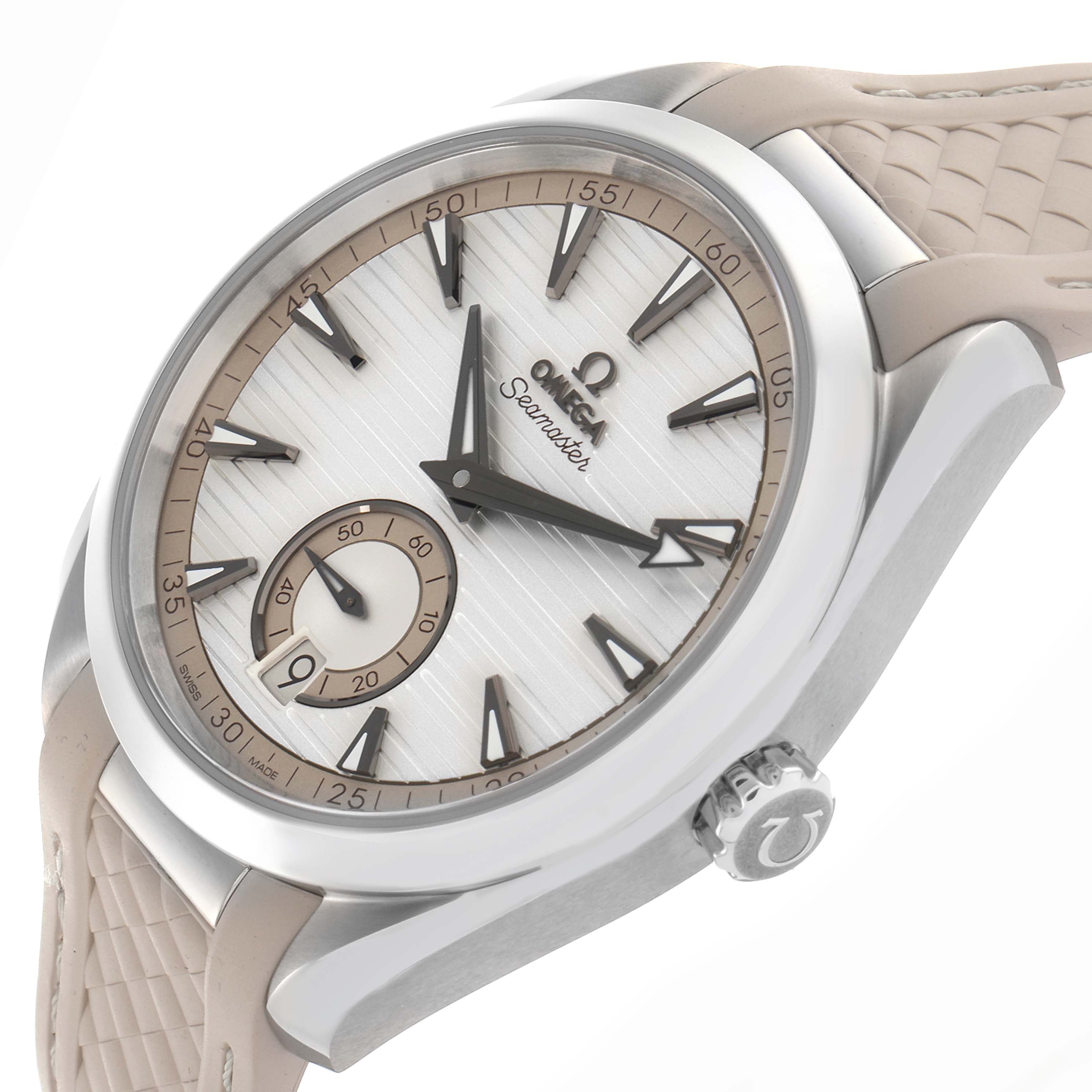 The Omega Aqua Terra 220.12.41.21.02.005 Men's Stainless Steel Silver Dial 220.12.41.21.02.005 Men's Stainless Steel Silver Dial watch is shown from a three-quarter angle, highlighting the dial, indices, hands, and crown.