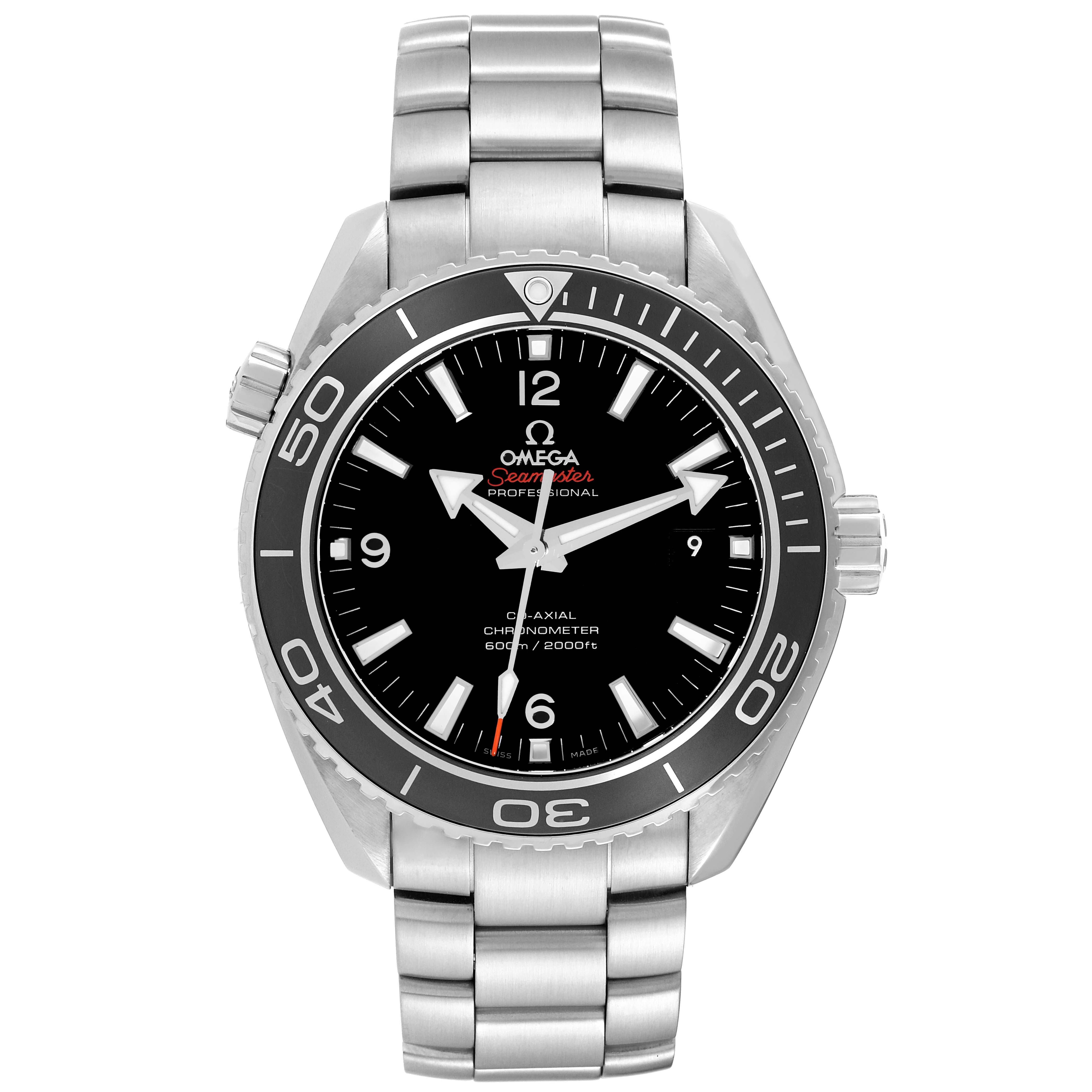 The Omega Planet Ocean 232.30.46.21.01.001 Men
s Stainless Steel Black Dial 232.30.46.21.01.001 Men
s Stainless Steel Black Dial watch is shown from a front angle, displaying the dial, bezel, and stainless steel bracelet.