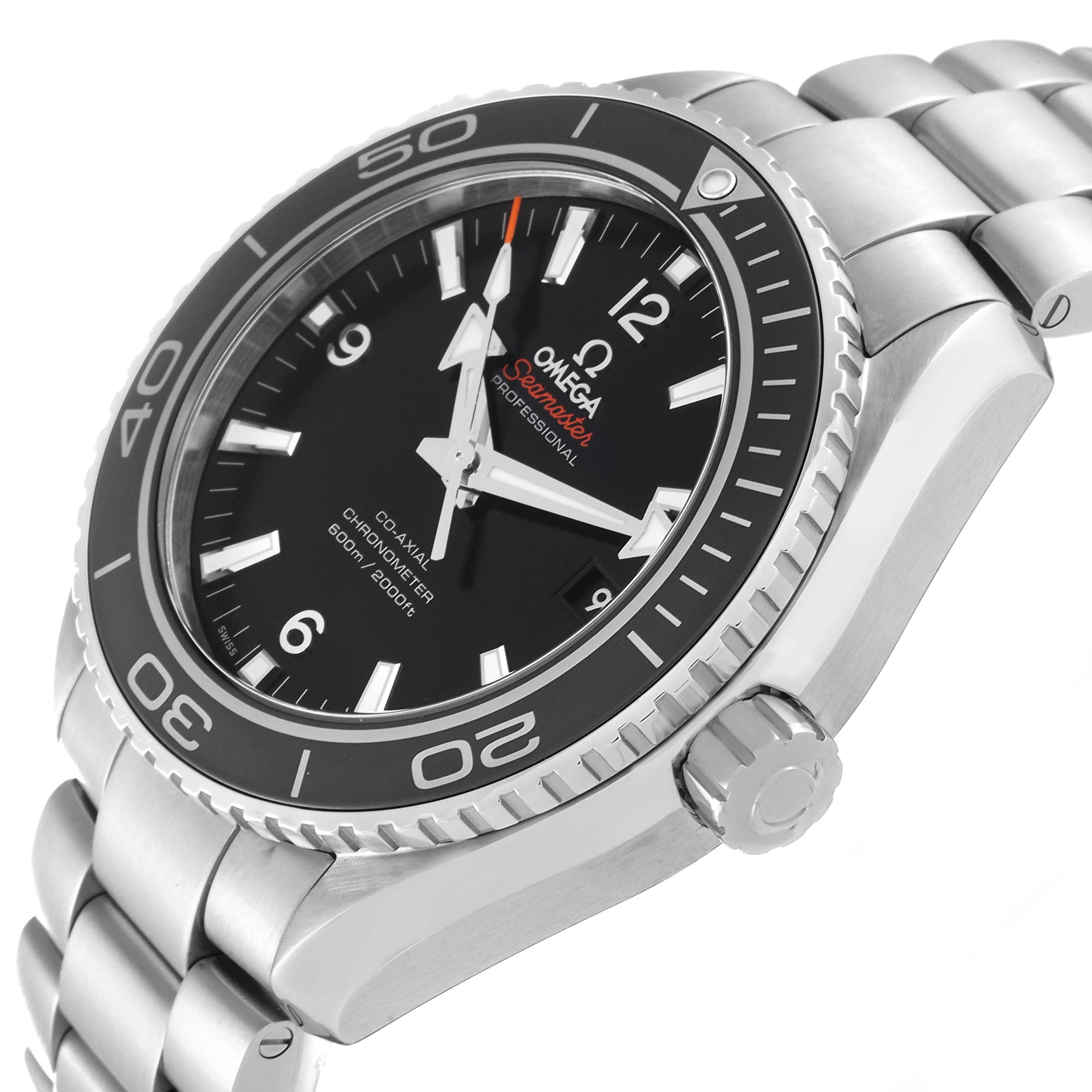 The image shows a side angle of the Omega Planet Ocean 232.30.46.21.01.001 Men
s Stainless Steel Black Dial 232.30.46.21.01.001 Men
s Stainless Steel Black Dial watch, highlighting the dial, bezel, and partially the bracelet.