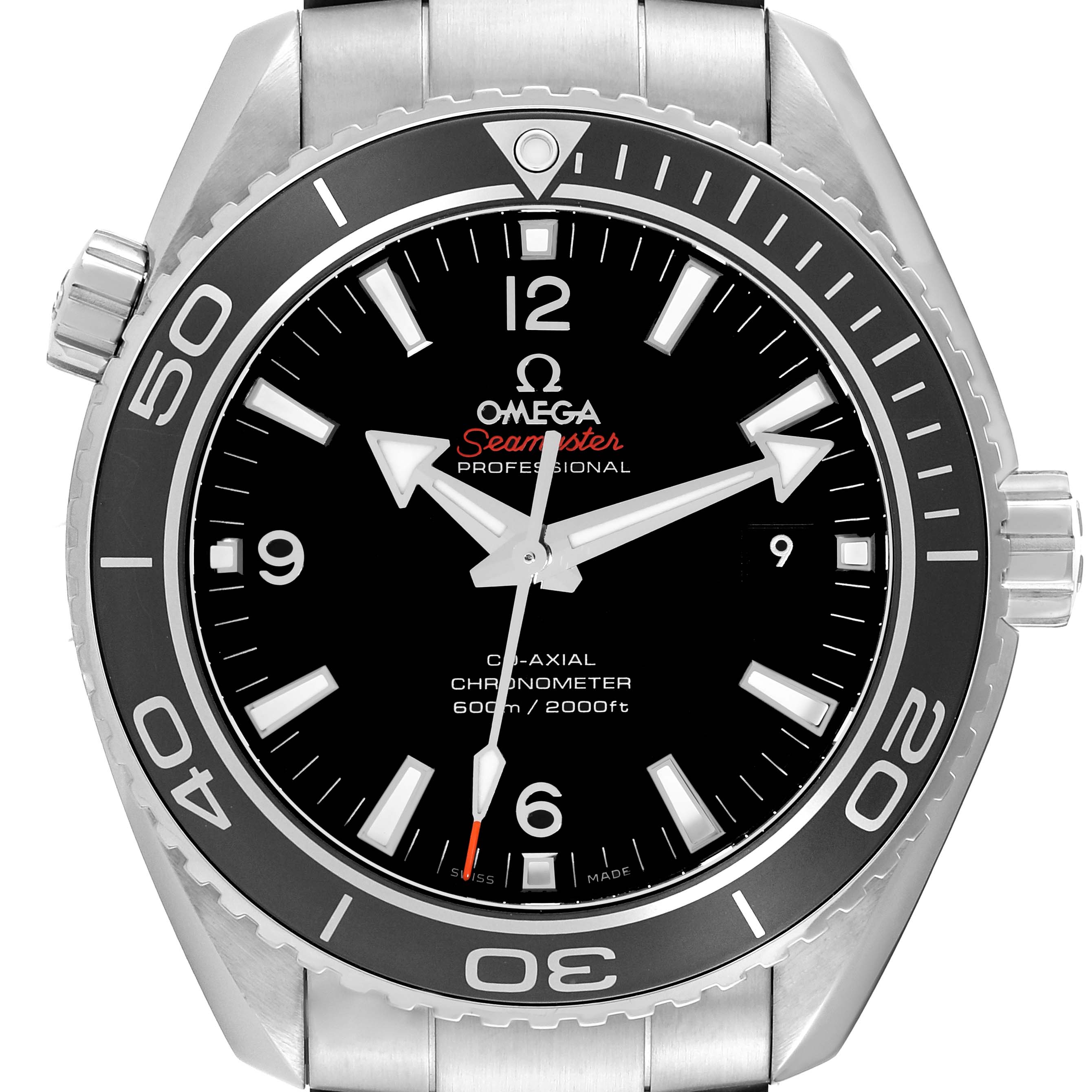 The image shows a front view of the Omega Planet Ocean 232.30.46.21.01.001 Men
s Stainless Steel Black Dial 232.30.46.21.01.001 Men
s Stainless Steel Black Dial model, highlighting the dial, hands, bezel, and part of the bracelet.