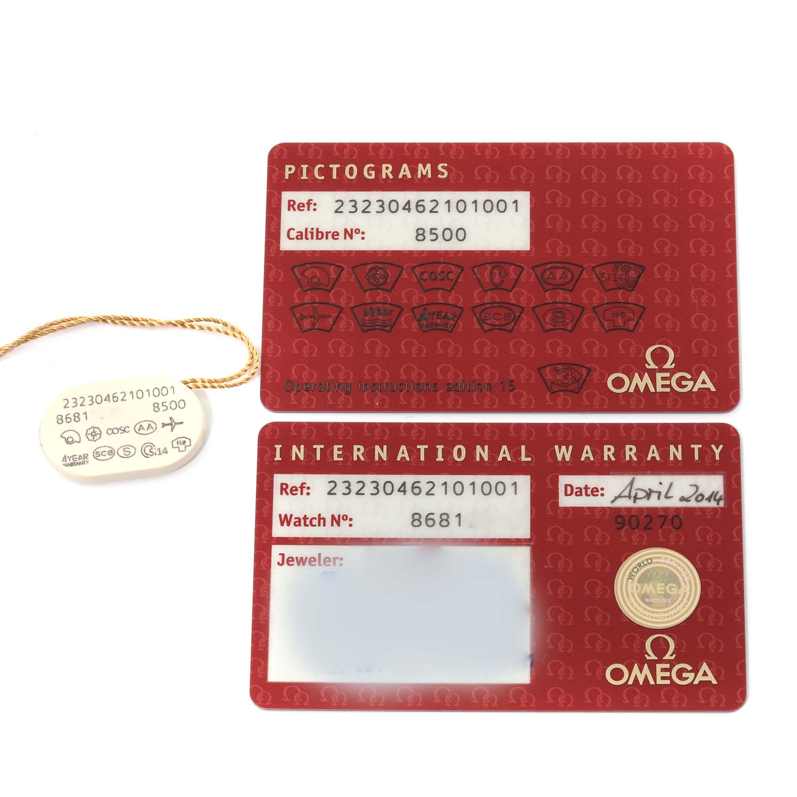 The image shows Omega Planet Ocean 232.30.46.21.01.001 Men
s Stainless Steel Black Dial 232.30.46.21.01.001 Men
s Stainless Steel Black Dial model
s pictogram and international warranty cards along with a serial tag.