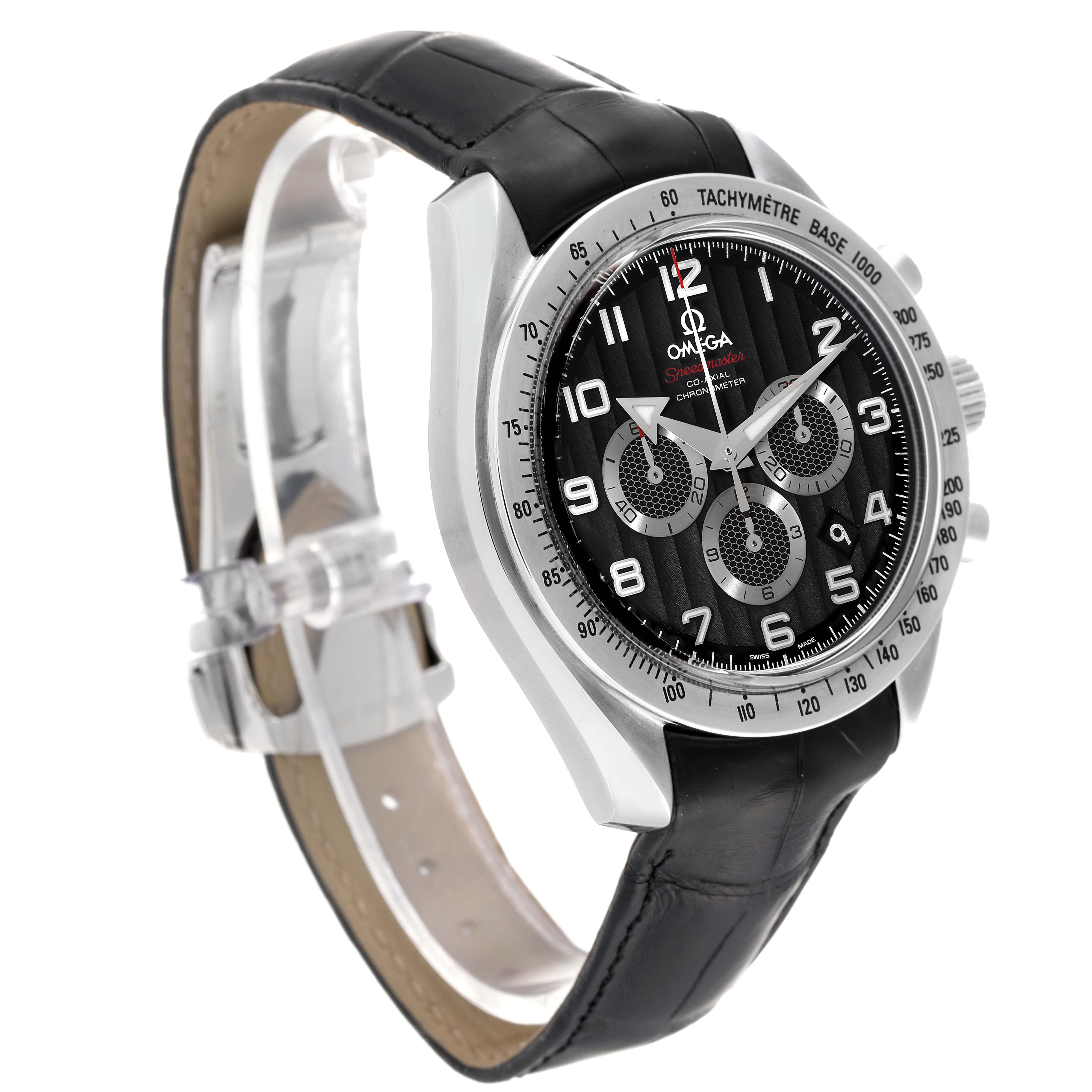 The Omega Speedmaster 321.13.44.50.01.001 Men's Stainless Steel Black Dial 321.13.44.50.01.001 Men's Stainless Steel Black Dial watch is shown from an angled side view, highlighting its face, bezel, and leather strap.