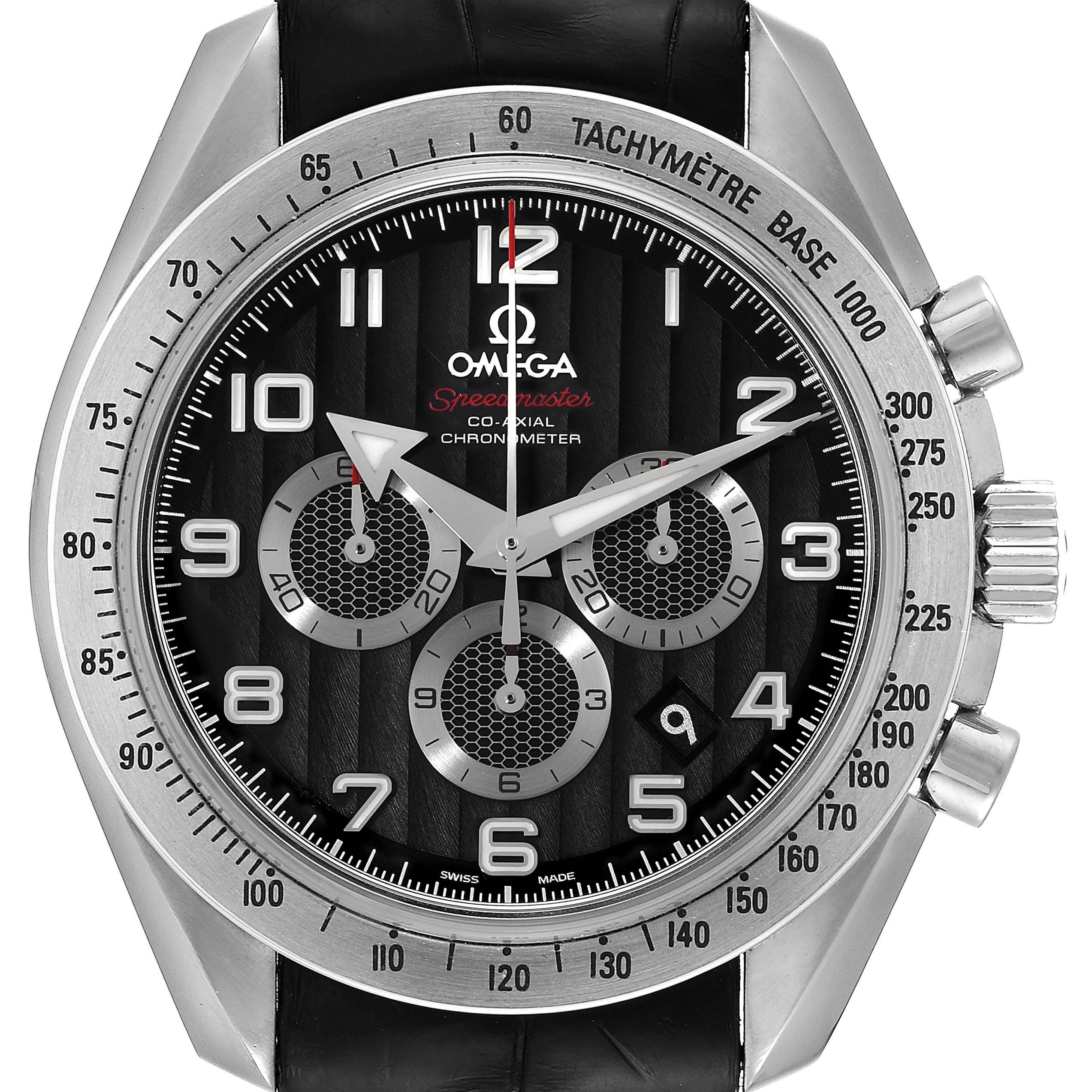 The image shows a front view of an Omega Speedmaster 321.13.44.50.01.001 Men's Stainless Steel Black Dial 321.13.44.50.01.001 Men's Stainless Steel Black Dial watch with a tachymeter bezel, chronograph dials, and black leather strap.