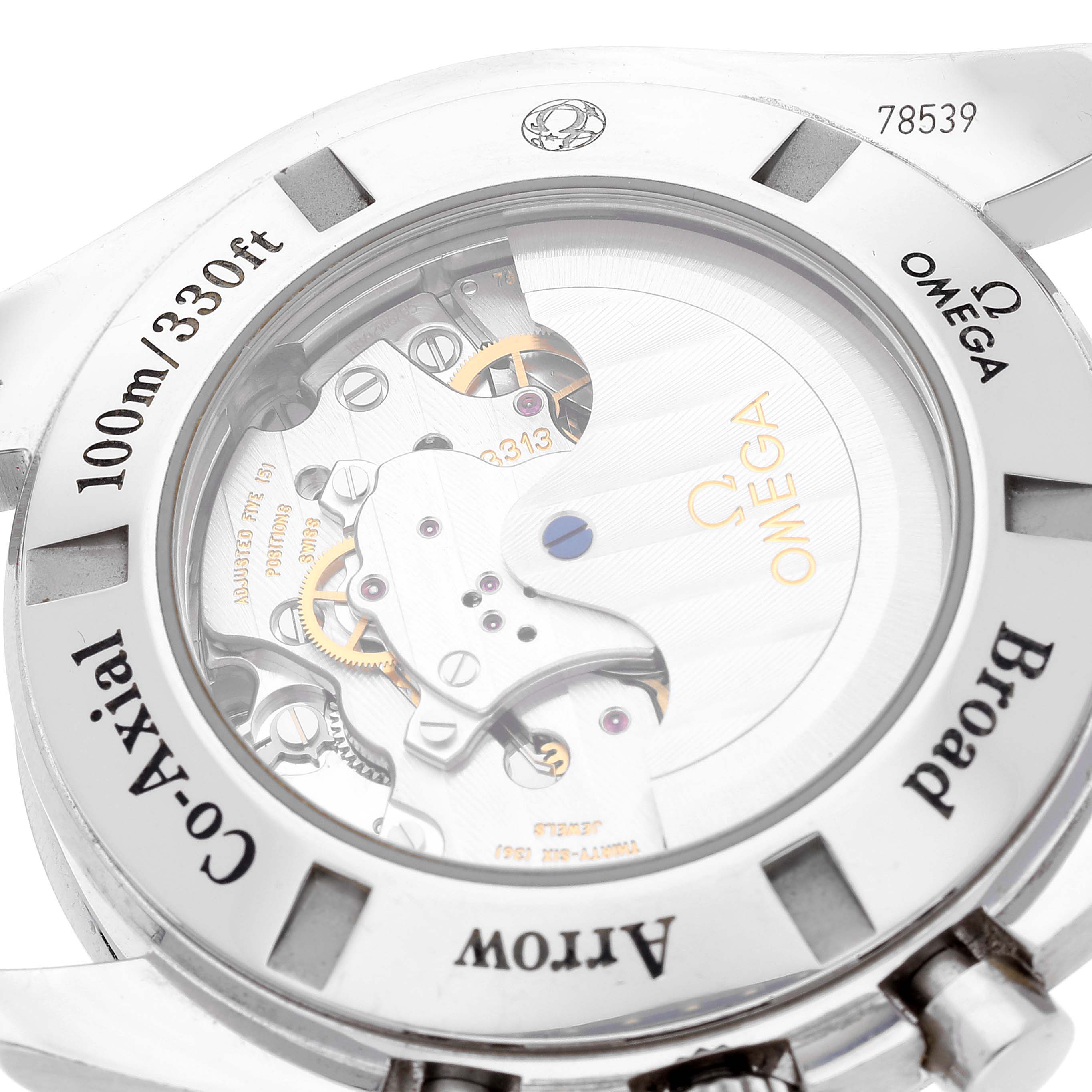 The image shows the rear side of the Omega Speedmaster 321.13.44.50.01.001 Men's Stainless Steel Black Dial 321.13.44.50.01.001 Men's Stainless Steel Black Dial watch, highlighting its Co-Axial movement and transparency.