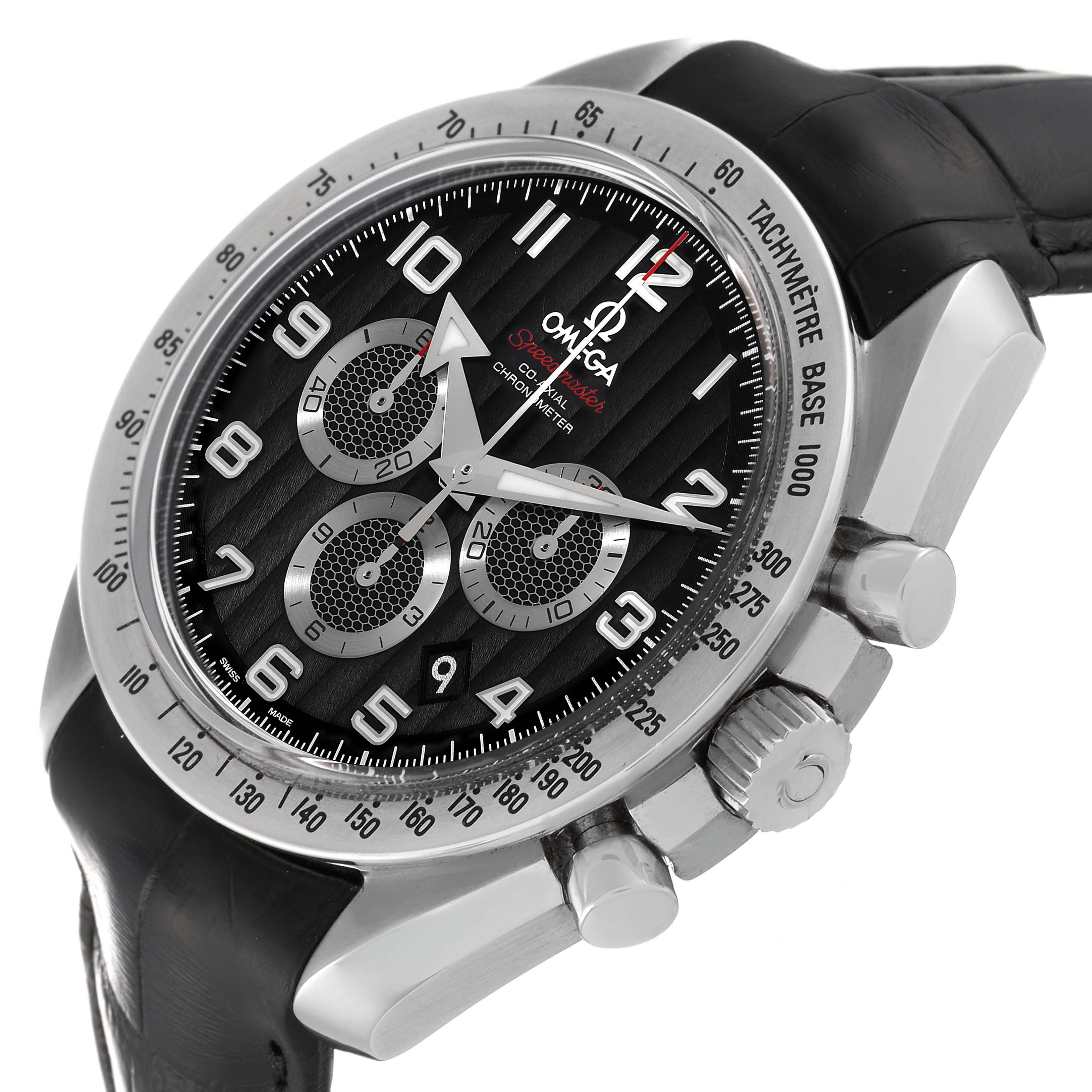 This image showcases an Omega Speedmaster 321.13.44.50.01.001 Men's Stainless Steel Black Dial 321.13.44.50.01.001 Men's Stainless Steel Black Dial watch at an angled close-up, highlighting the black dial, tachymeter bezel, and side crown.