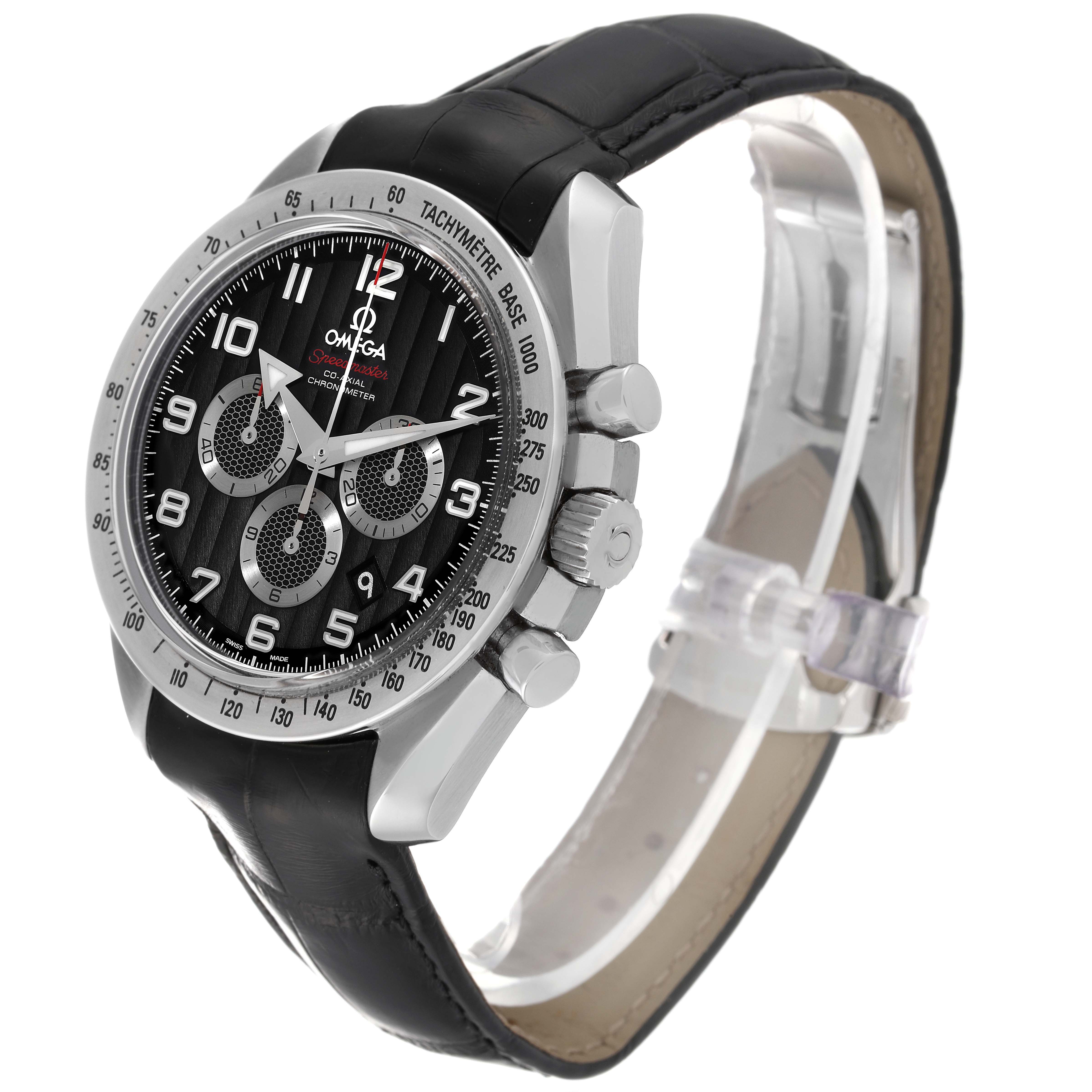 The image shows the Omega Speedmaster 321.13.44.50.01.001 Men's Stainless Steel Black Dial 321.13.44.50.01.001 Men's Stainless Steel Black Dial watch at an angle, highlighting its dial, tachymeter bezel, and black leather strap.