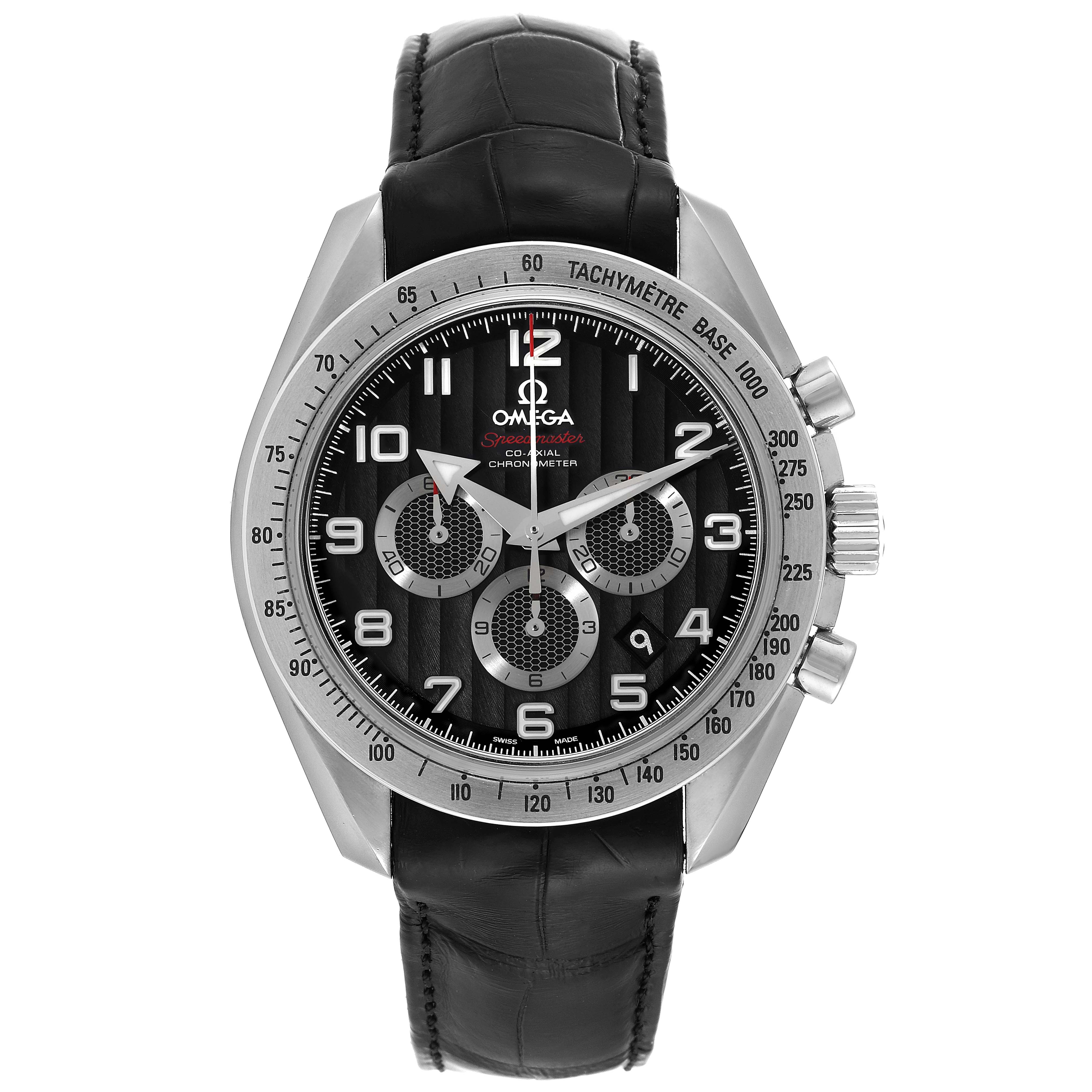 The image shows a frontal view of an Omega Speedmaster 321.13.44.50.01.001 Men's Stainless Steel Black Dial 321.13.44.50.01.001 Men's Stainless Steel Black Dial watch, highlighting the face, bezel, and black leather strap.