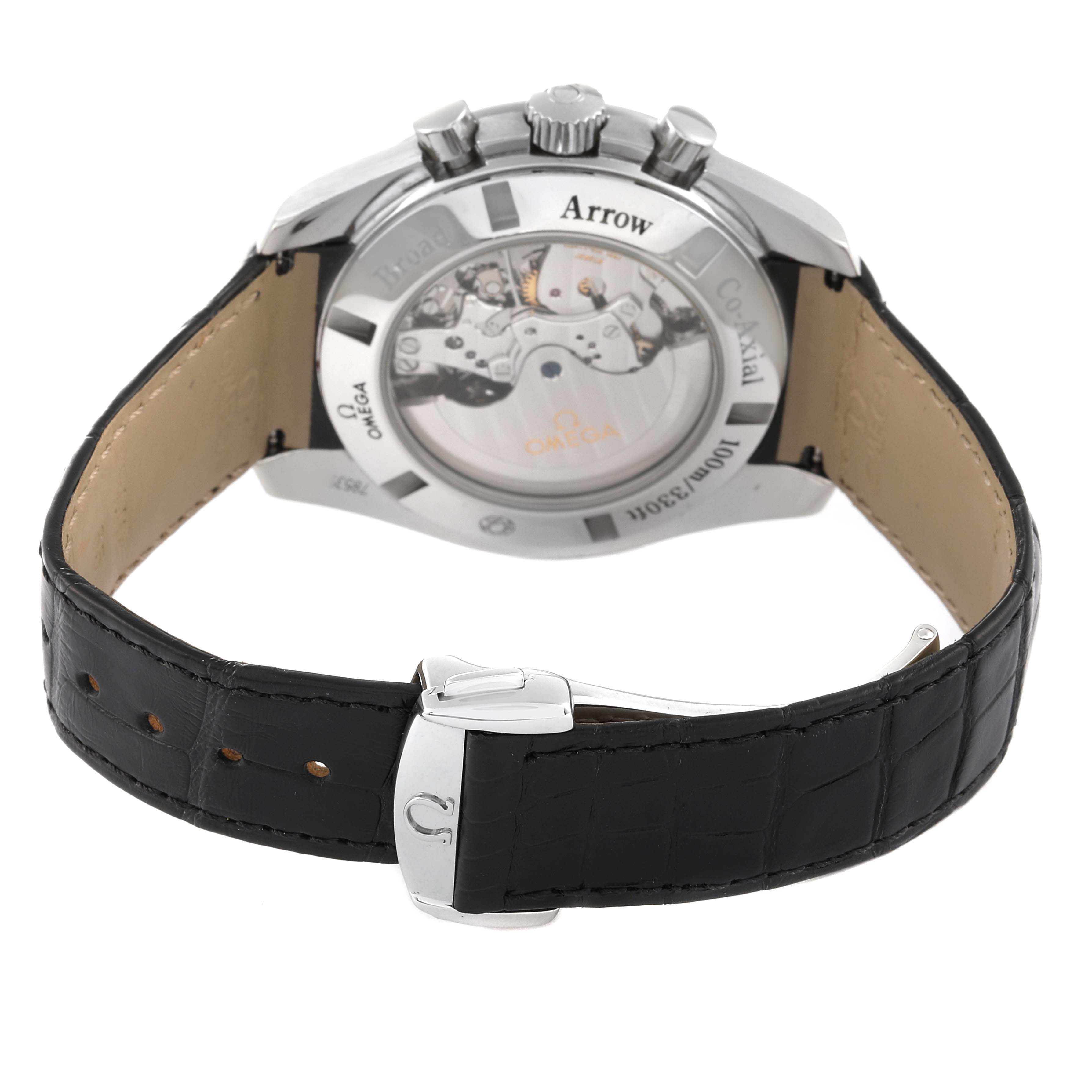 This image shows the rear view of an Omega Speedmaster 321.13.44.50.01.001 Men's Stainless Steel Black Dial 321.13.44.50.01.001 Men's Stainless Steel Black Dial watch, highlighting its clasp, strap, and visible mechanical movement.