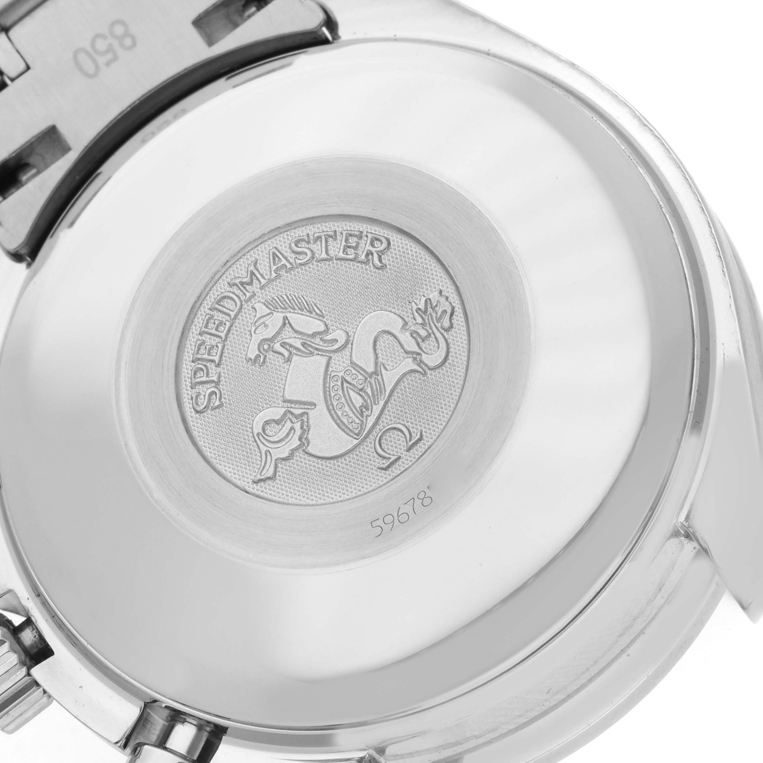 The image shows the case back of an Omega Speedmaster 3513.50.00 Men
s Stainless Steel Black Dial 3513.50.00 Men
s Stainless Steel Black Dial watch, displaying the engraved emblem and model name.