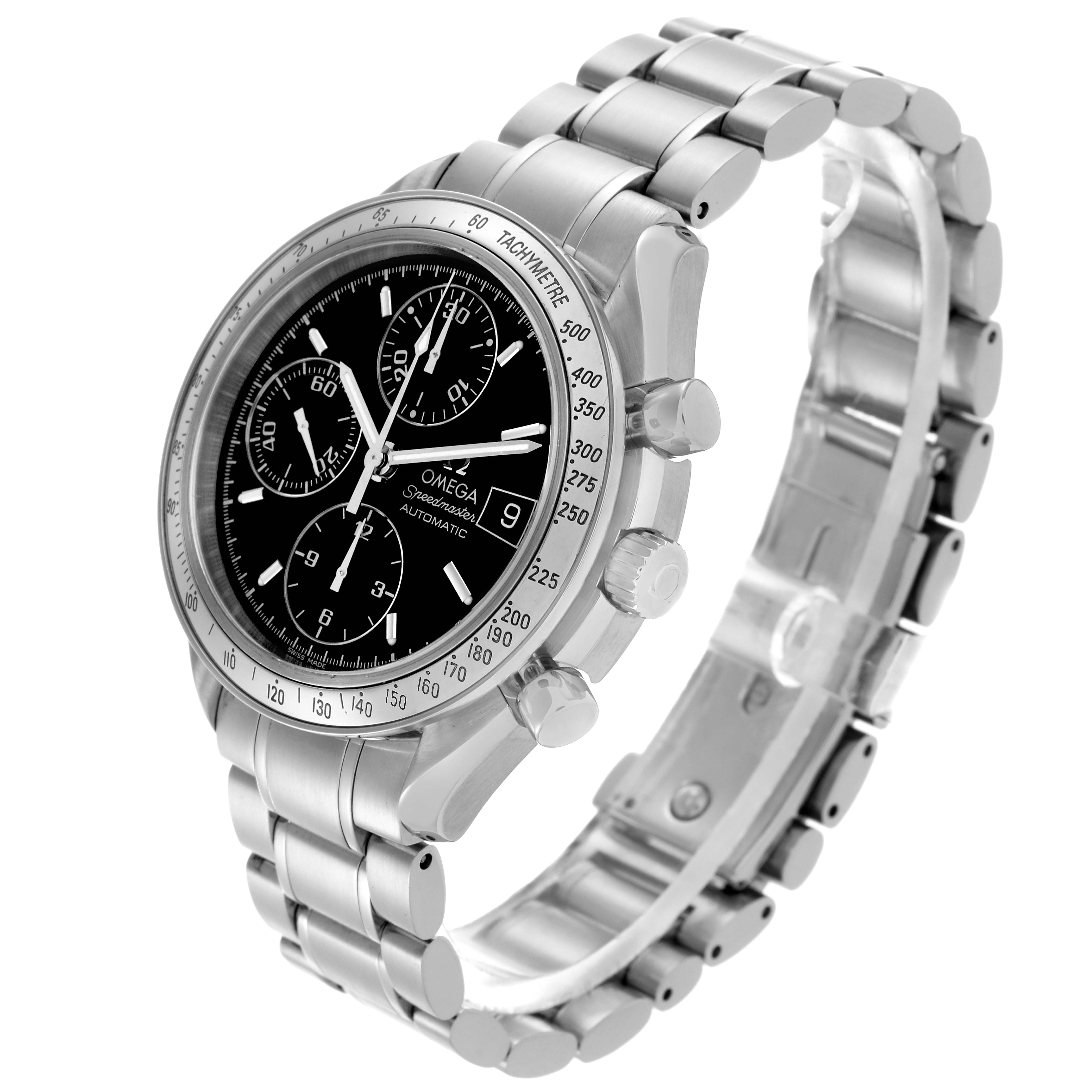 The Omega Speedmaster 3513.50.00 Men
s Stainless Steel Black Dial 3513.50.00 Men
s Stainless Steel Black Dial watch is shown at a three-quarter angle, displaying its bezel, face, dial, and metal bracelet.