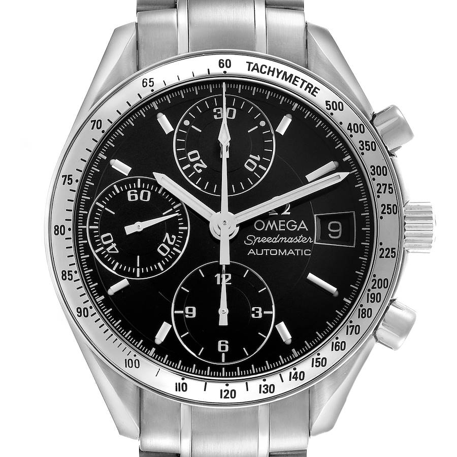 The Omega Speedmaster watch is shown from the front, highlighting the dial, tachymeter, and chronograph features.