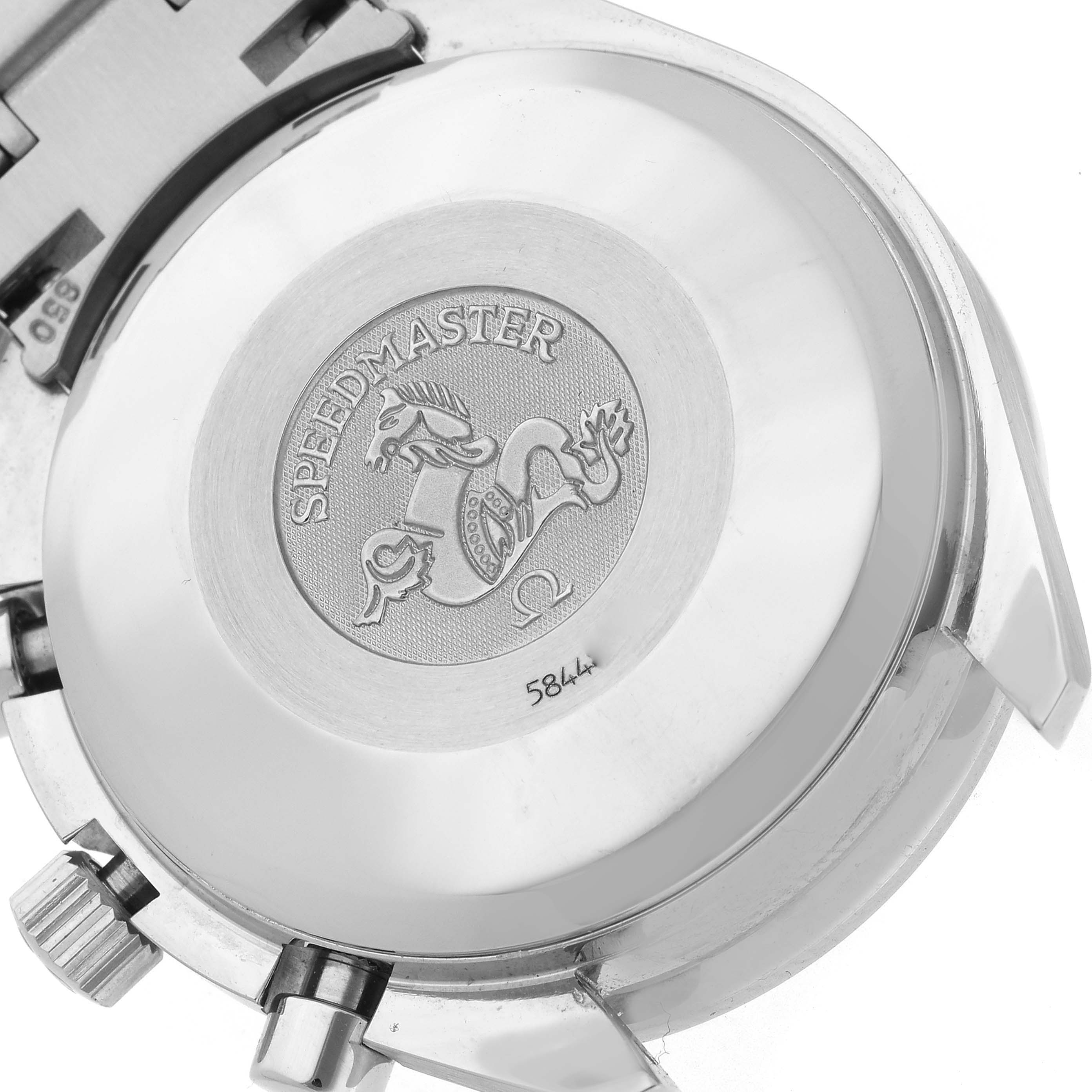 The image shows the case back of an Omega Speedmaster 3513.50.00 Men's Stainless Steel Black Dial 3513.50.00 Men's Stainless Steel Black Dial, featuring its emblem and branding.