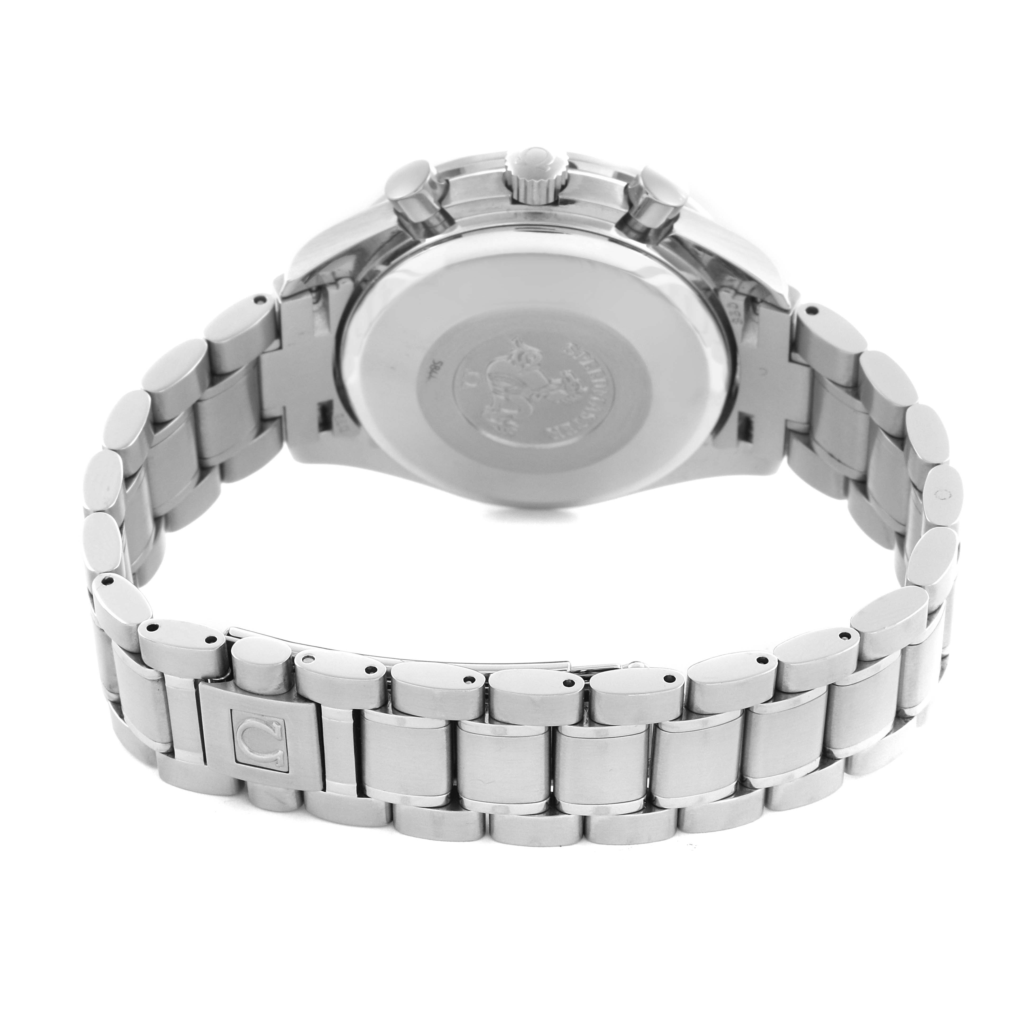 The Omega Speedmaster 3513.50.00 Men's Stainless Steel Black Dial 3513.50.00 Men's Stainless Steel Black Dial watch is shown from the back, highlighting the case back, bracelet, and clasp.