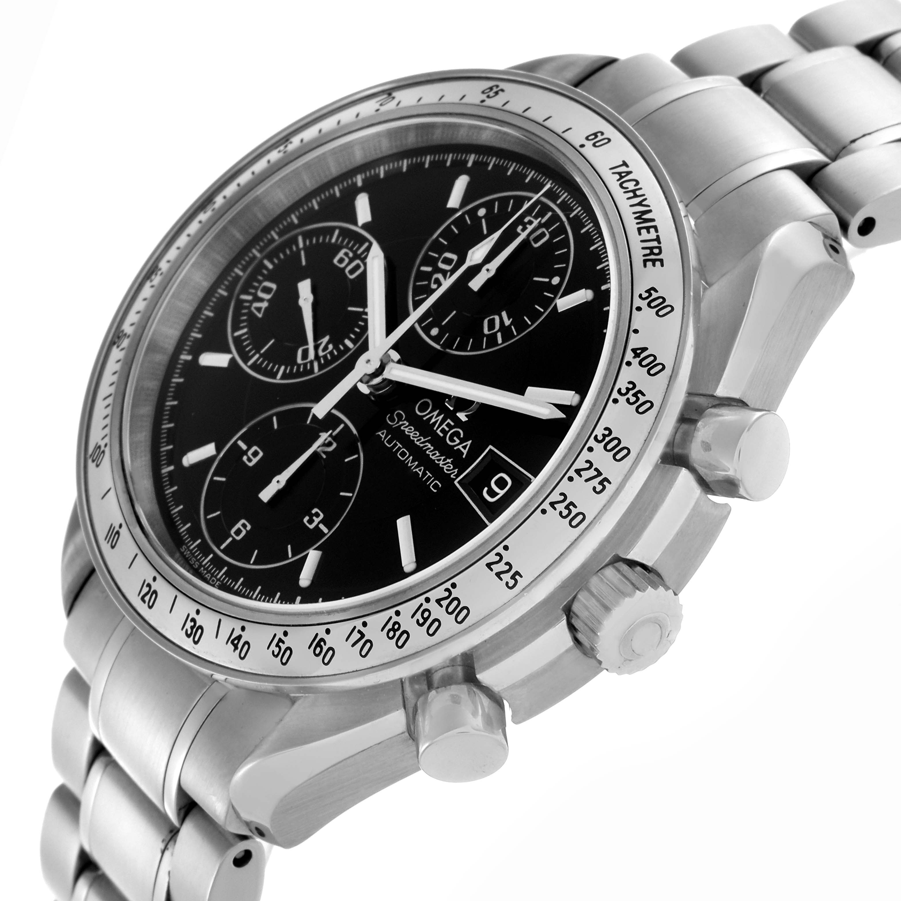 The Omega Speedmaster 3513.50.00 Men's Stainless Steel Black Dial 3513.50.00 Men's Stainless Steel Black Dial watch is shown at an angled side view, highlighting the dial, pushers, crown, and tachymeter bezel.