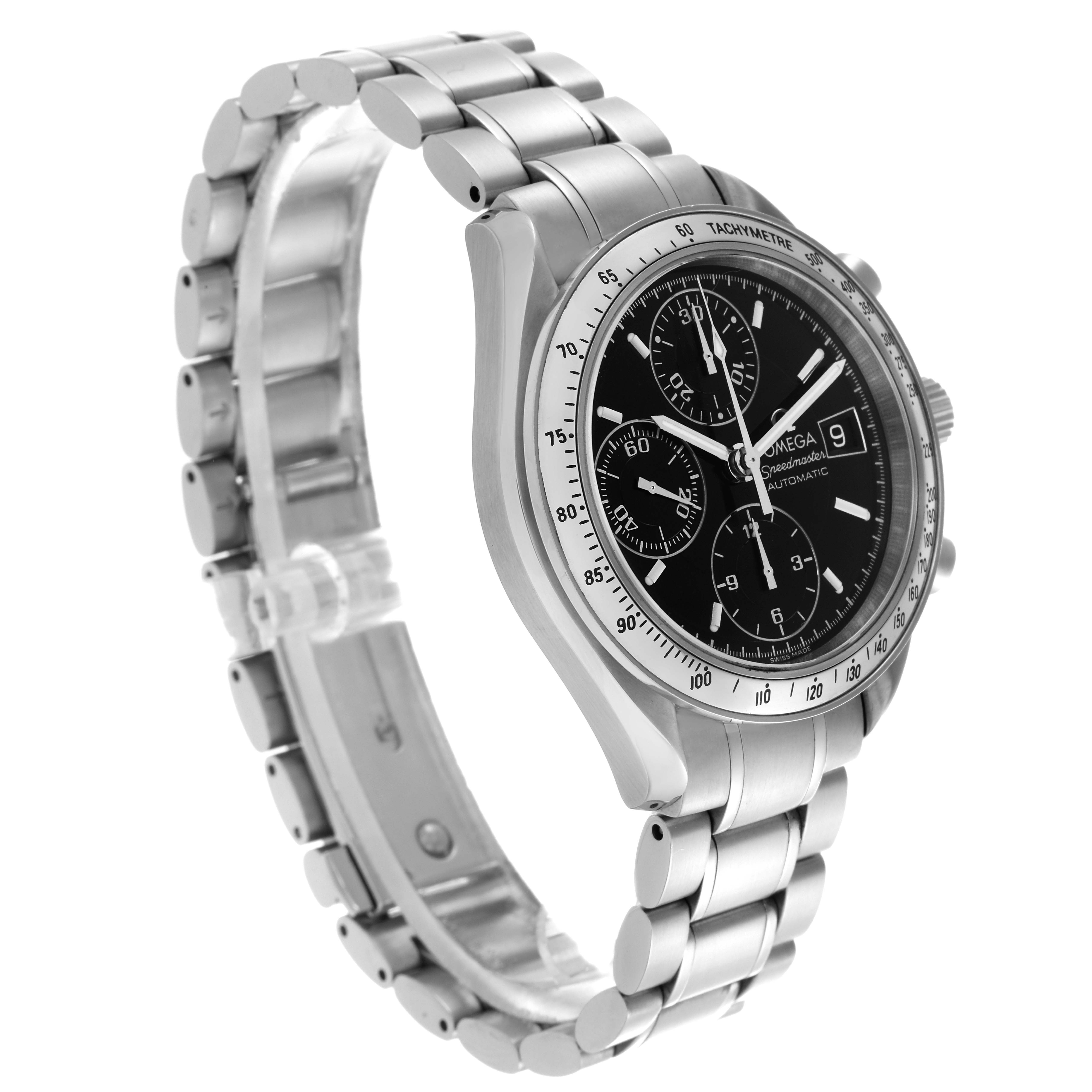 The Omega Speedmaster 3513.50.00 Men's Stainless Steel Black Dial 3513.50.00 Men's Stainless Steel Black Dial watch is shown at a three-quarter angle, highlighting the face, bezel, and metal bracelet.