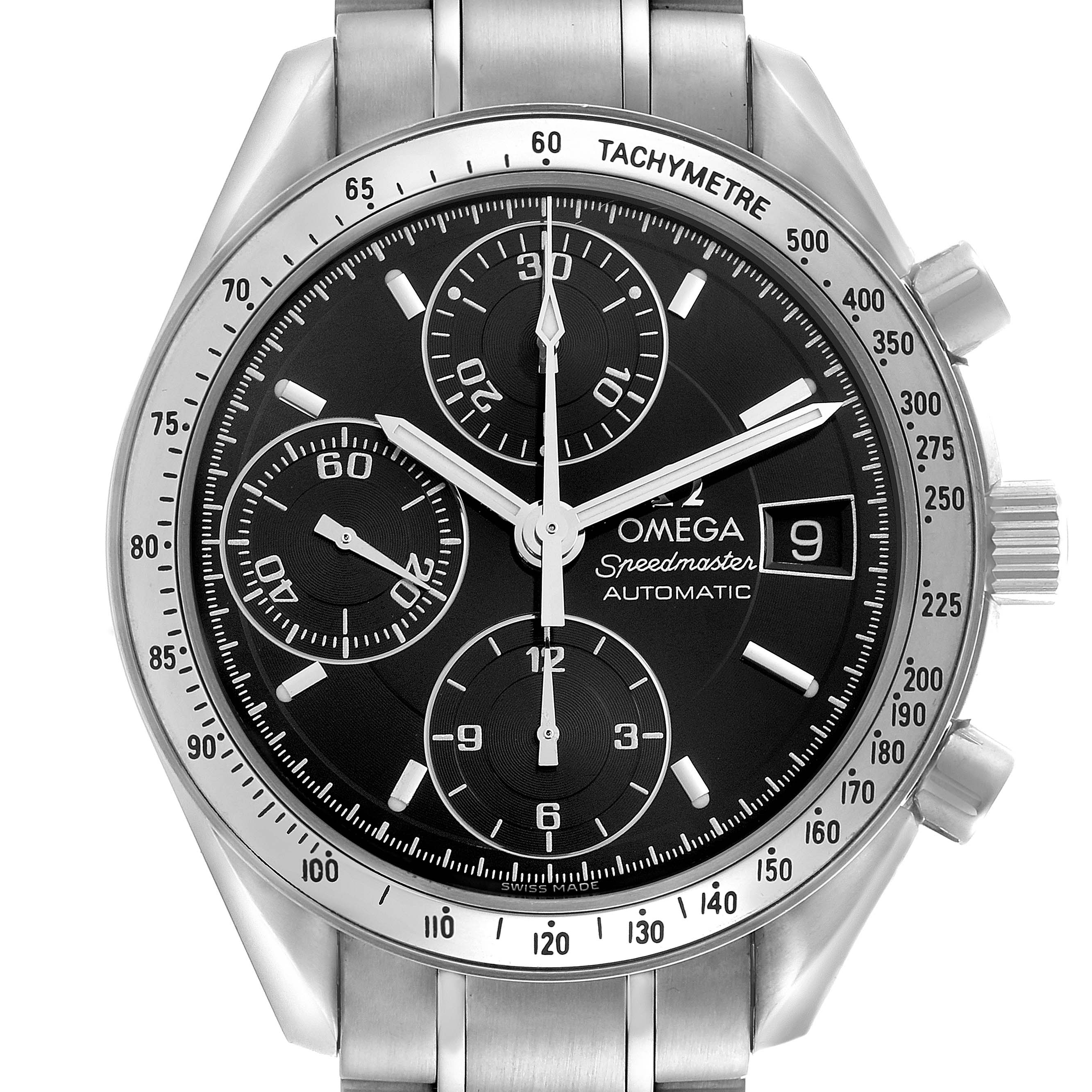 The Omega Speedmaster 3513.50.00 Men's Stainless Steel Black Dial 3513.50.00 Men's Stainless Steel Black Dial watch is shown from the front, displaying the dial, subdials, date window, and tachymeter bezel.
