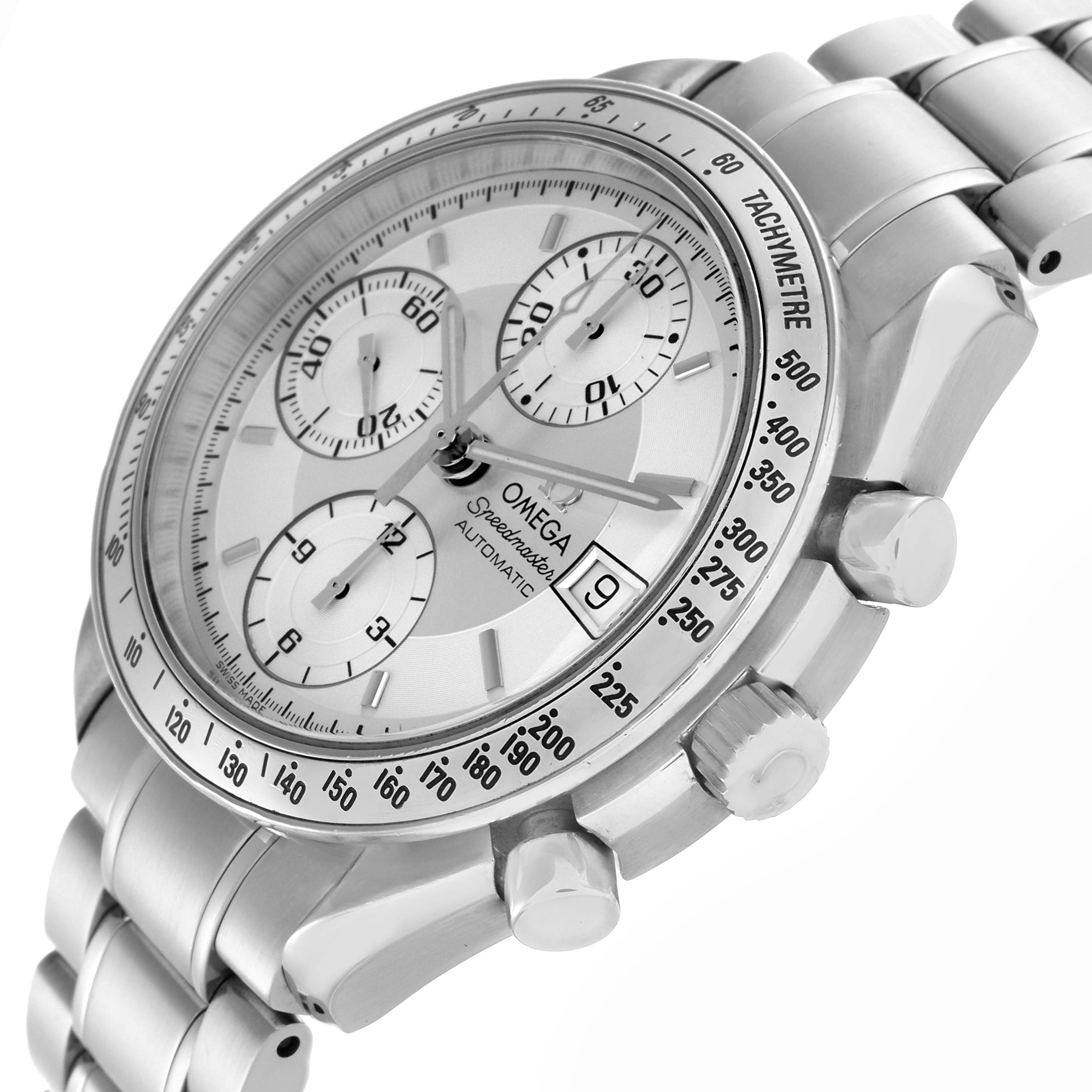 The Omega Speedmaster 3513.30.00 Men's Stainless Steel Silver Dial 3513.30.00 Men's Stainless Steel Silver Dial watch is shown at a three-quarters angle, highlighting the dial, tachymeter bezel, crown, and pushers.