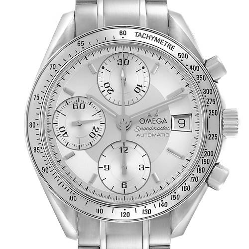 The Omega Speedmaster watch is shown from a front angle, displaying its dial, tachymetre, subdials, and date window.