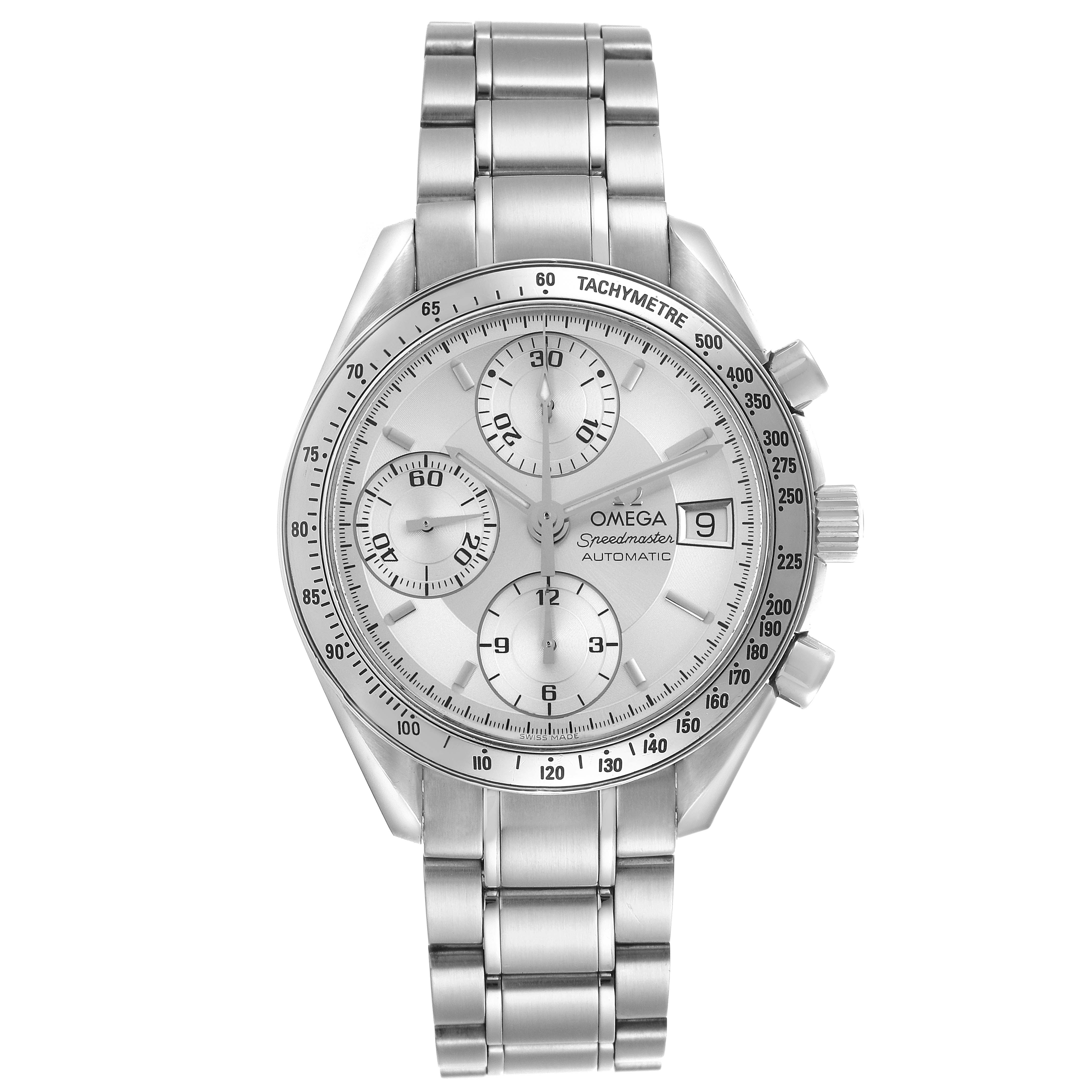 The Omega Speedmaster 3513.30.00 Men's Stainless Steel Silver Dial 3513.30.00 Men's Stainless Steel Silver Dial watch is shown from the front, displaying the dial, subdials, tachymeter bezel, and metal bracelet.