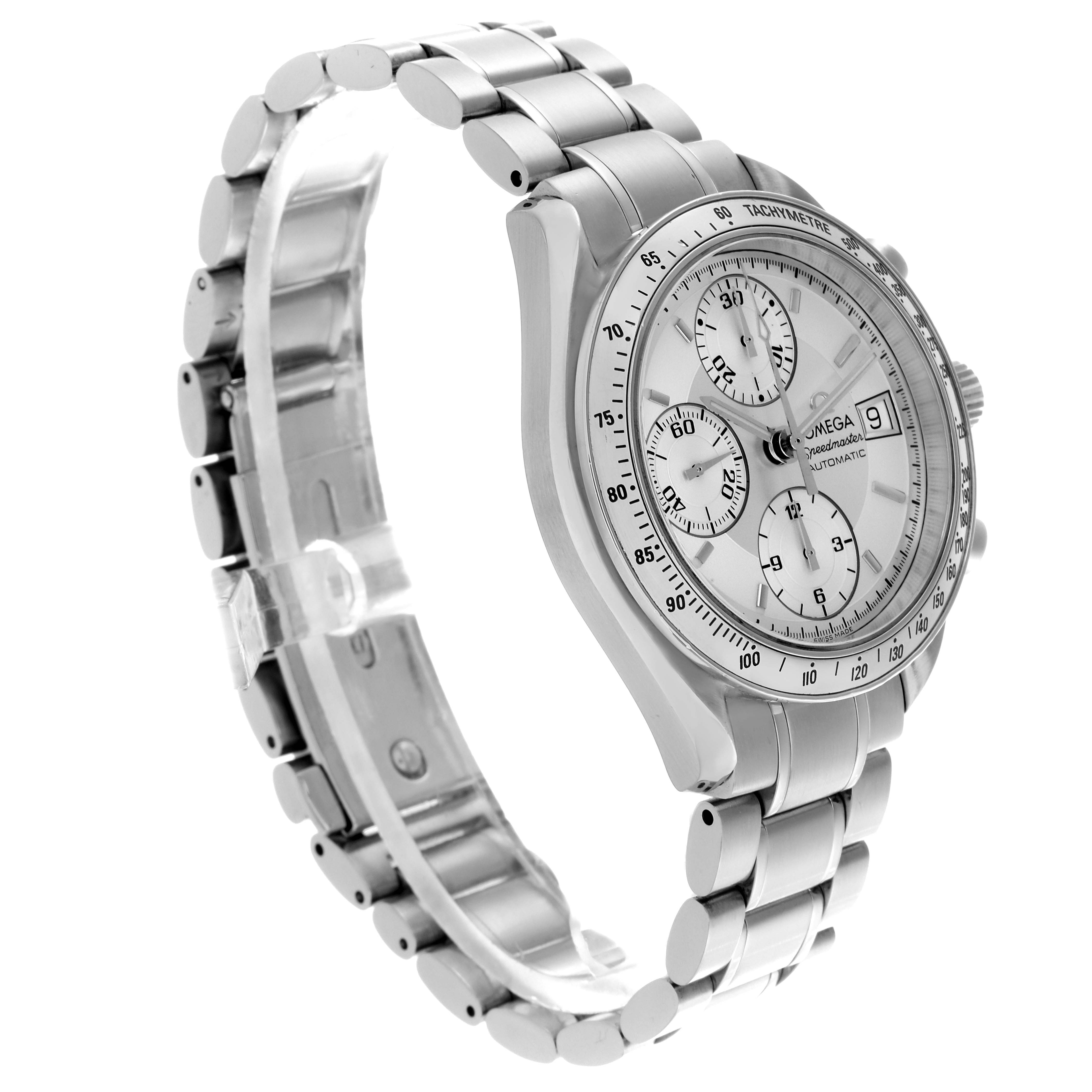 The Omega Speedmaster 3513.30.00 Men's Stainless Steel Silver Dial 3513.30.00 Men's Stainless Steel Silver Dial is shown at a three-quarter angle, displaying the face, bezel, and partial bracelet.