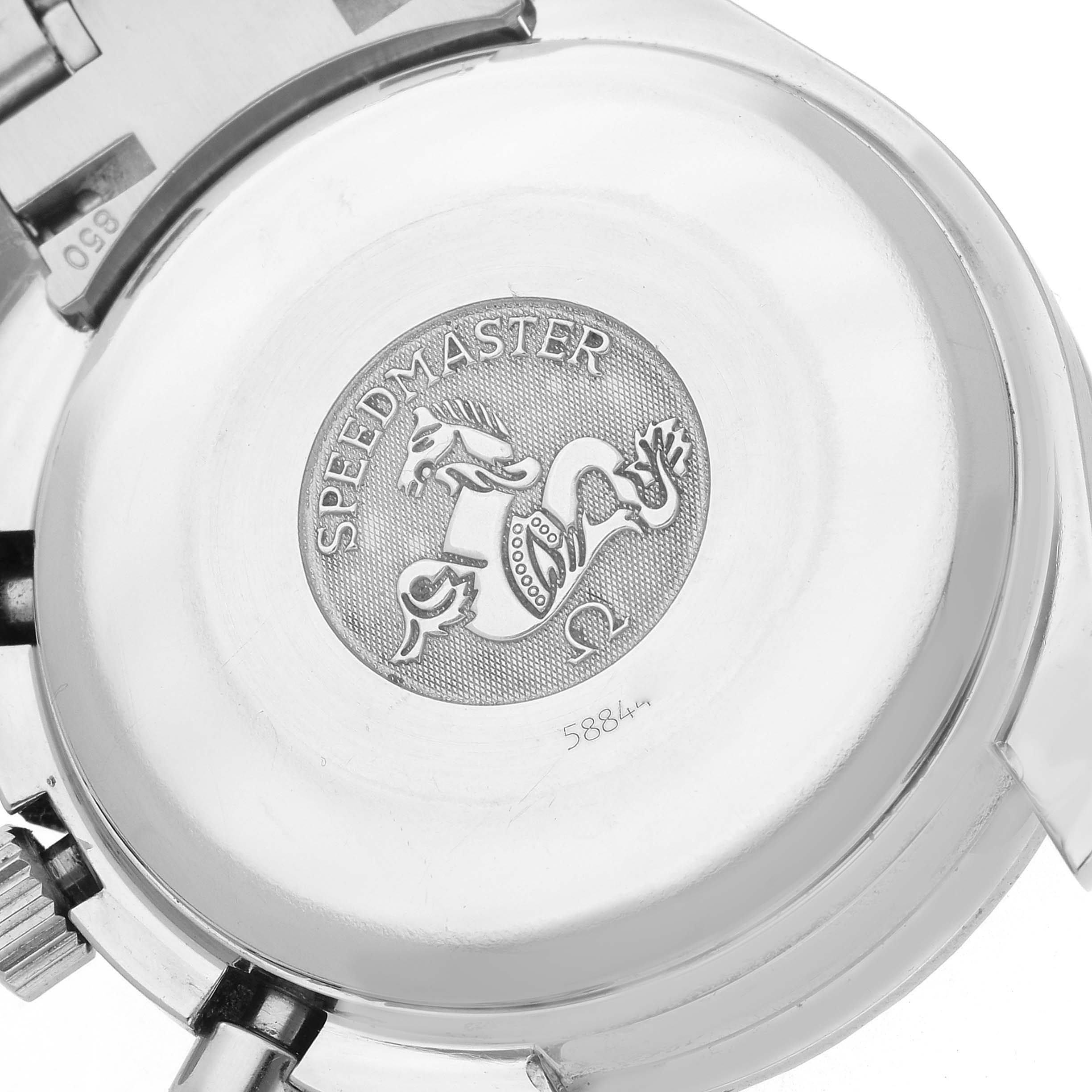 The image shows the case back of an Omega Speedmaster 3513.30.00 Men's Stainless Steel Silver Dial 3513.30.00 Men's Stainless Steel Silver Dial, featuring the engraved logo and lettering.