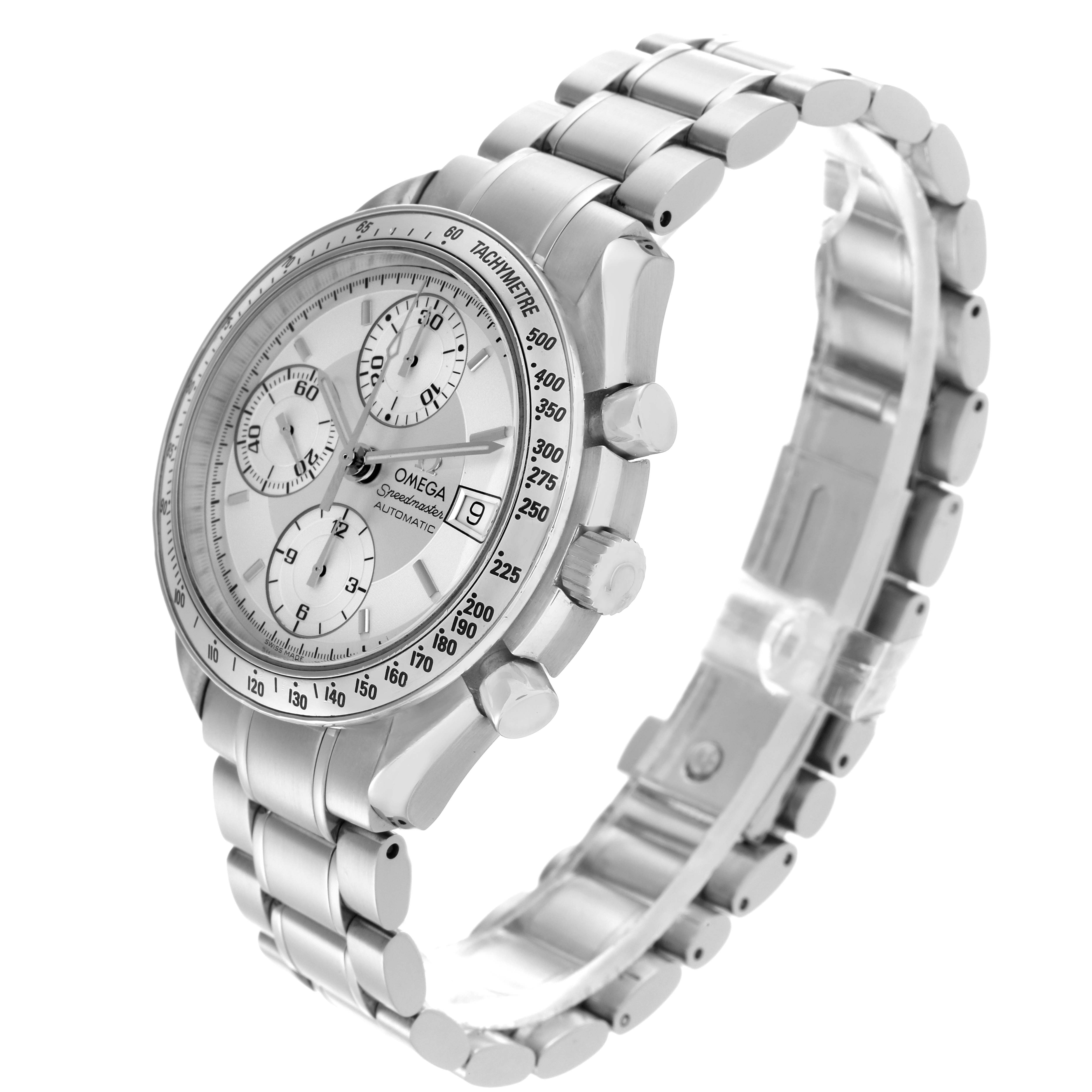 The Omega Speedmaster 3513.30.00 Men's Stainless Steel Silver Dial 3513.30.00 Men's Stainless Steel Silver Dial watch is shown from a three-quarter angle, highlighting the dial, tachymeter bezel, and stainless steel bracelet.
