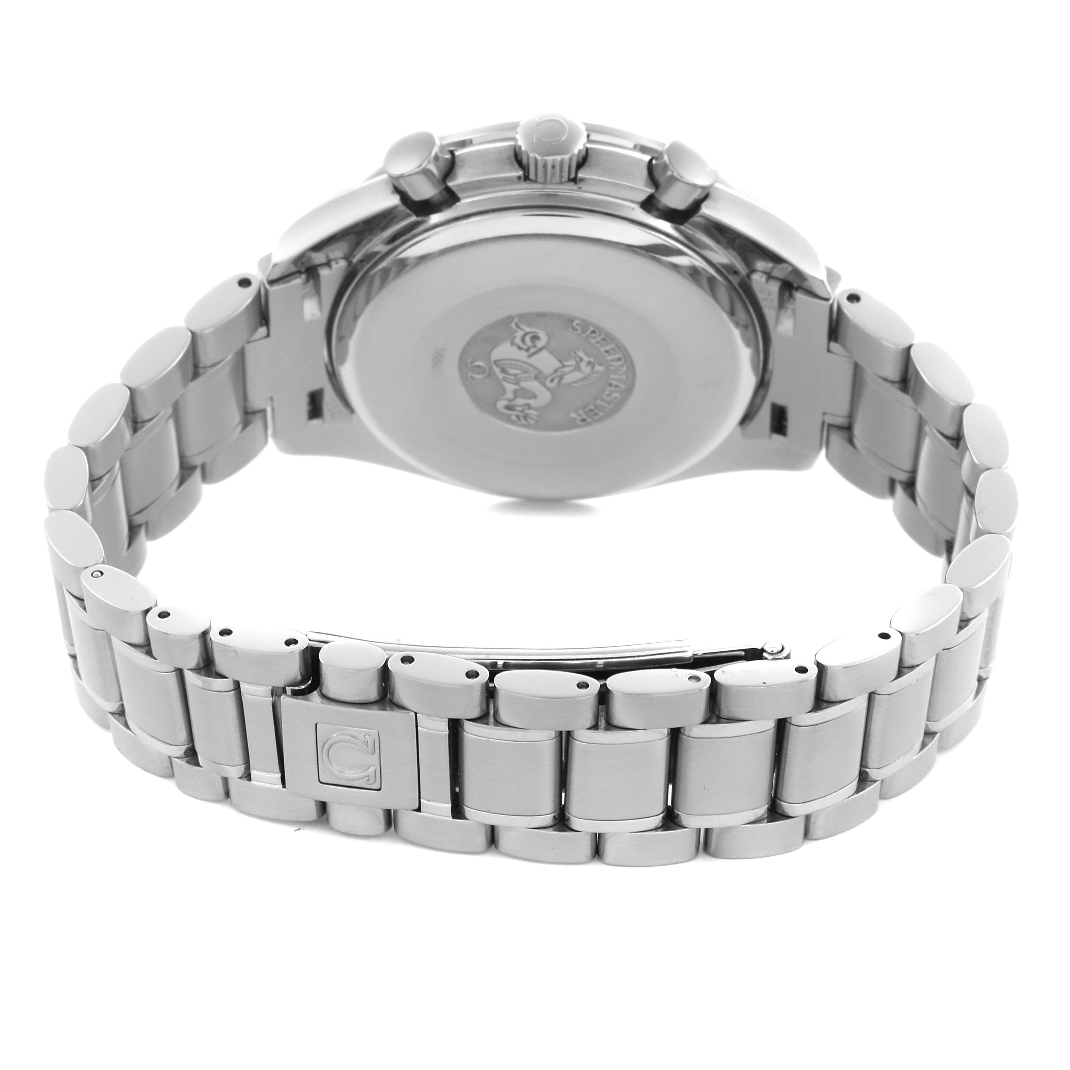 The image shows the back view of an Omega Speedmaster 3513.30.00 Men's Stainless Steel Silver Dial 3513.30.00 Men's Stainless Steel Silver Dial watch, highlighting the stainless steel bracelet and case back.