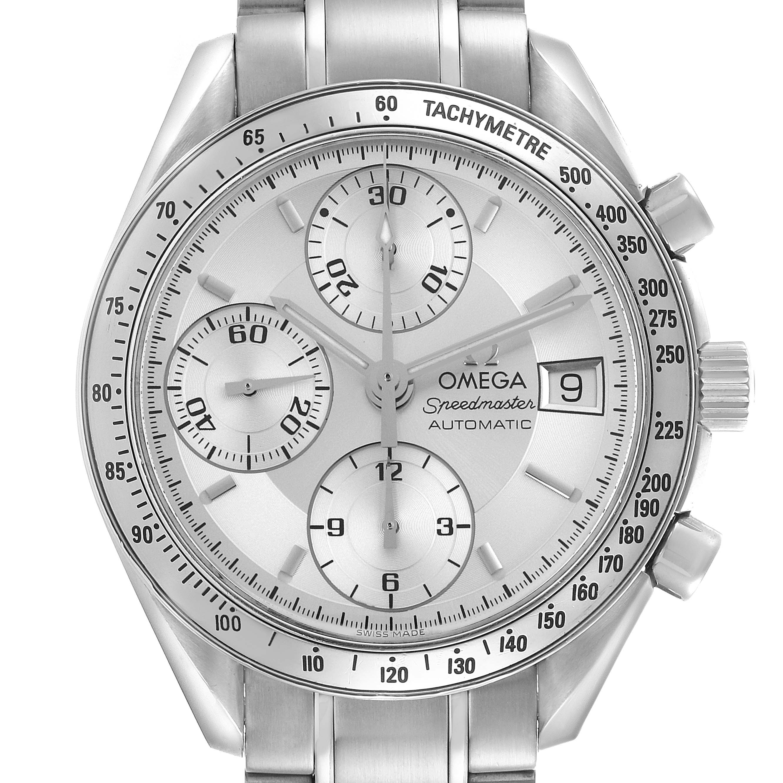 The Omega Speedmaster 3513.30.00 Men's Stainless Steel Silver Dial 3513.30.00 Men's Stainless Steel Silver Dial watch is shown from the front, displaying its dial, tachymetre, and subdials.