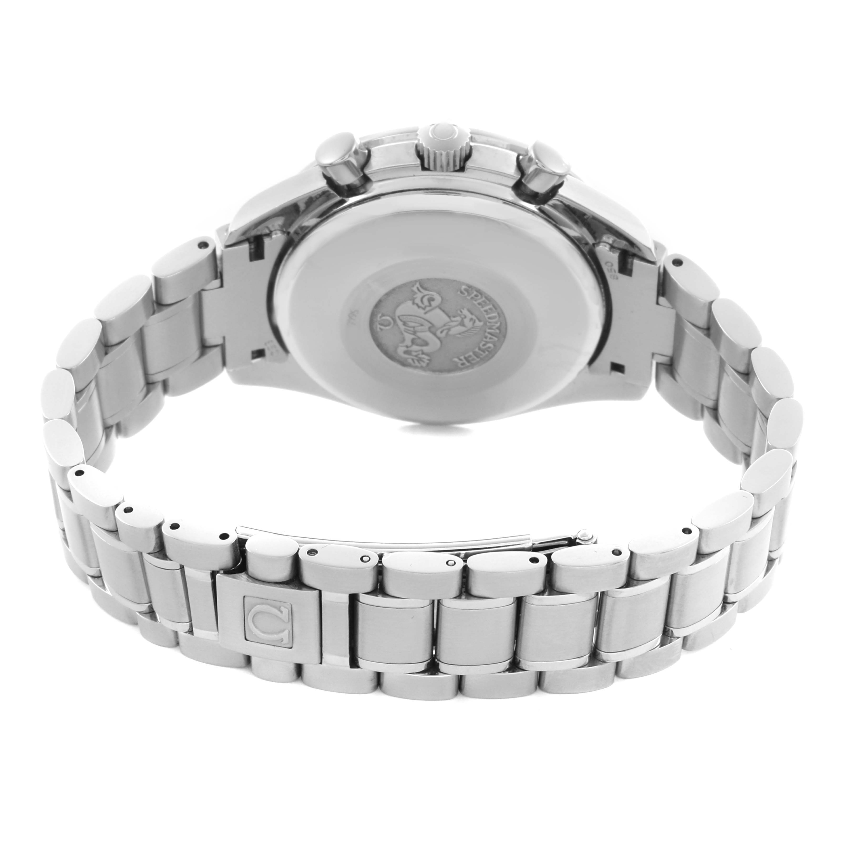 The Omega Speedmaster 3523.80.00 Men
s Stainless Steel Blue Dial 3523.80.00 Men
s Stainless Steel Blue Dial watch is shown from the back, highlighting the case back, crown, pushers, and part of the bracelet.