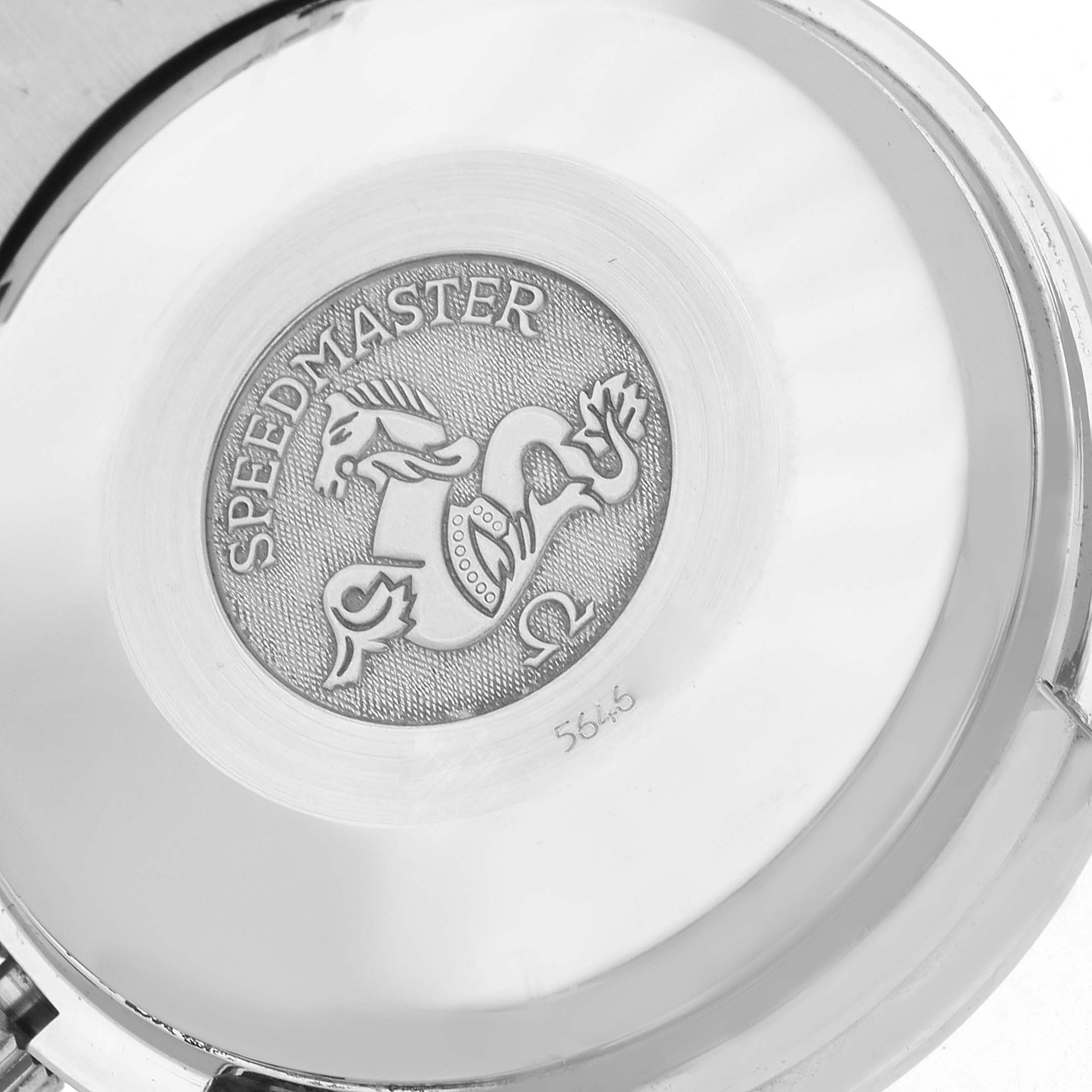 The image shows the engraved case back of the Omega Speedmaster 3523.80.00 Men
s Stainless Steel Blue Dial 3523.80.00 Men
s Stainless Steel Blue Dial watch, featuring a seahorse emblem and the model name.