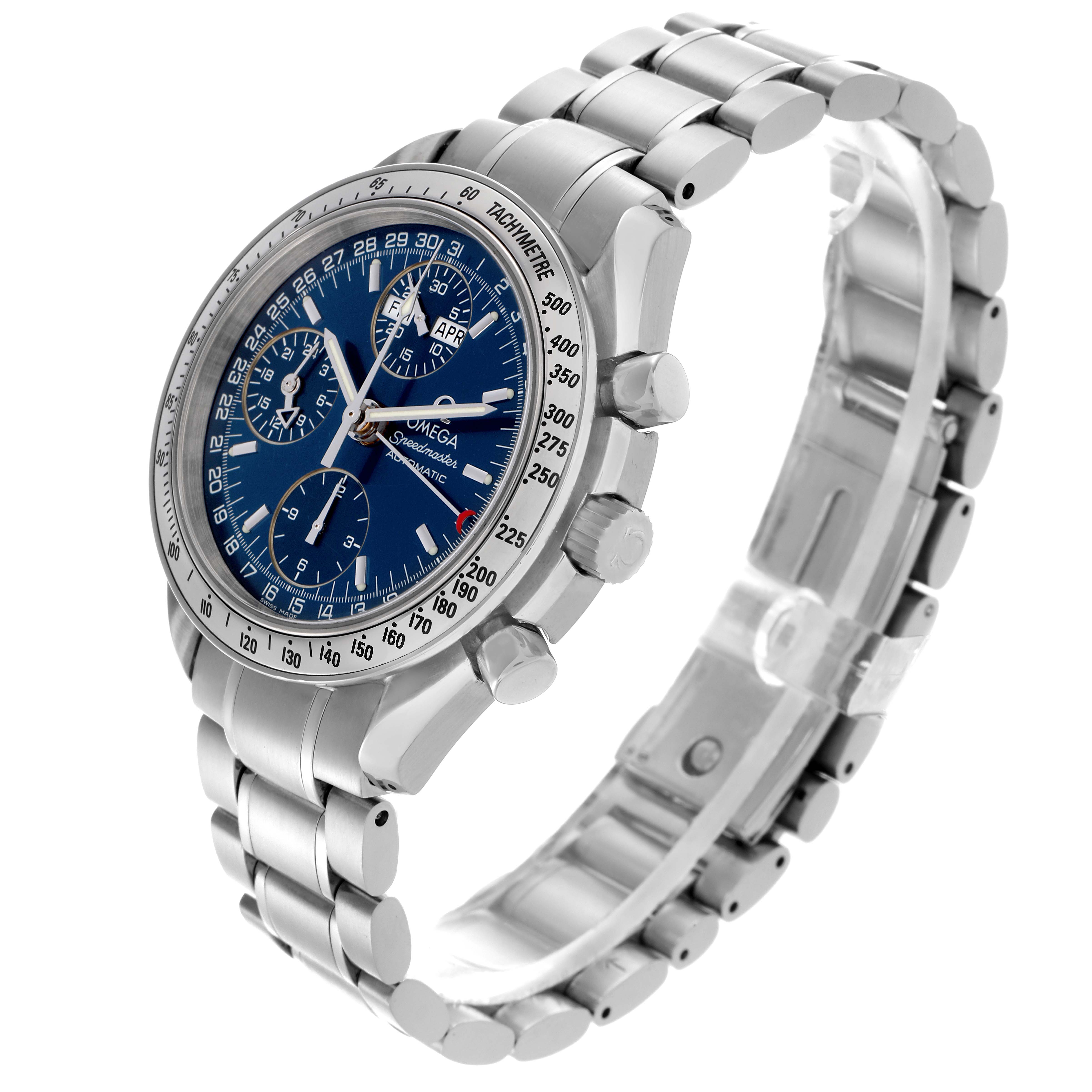 The Omega Speedmaster 3523.80.00 Men
s Stainless Steel Blue Dial 3523.80.00 Men
s Stainless Steel Blue Dial watch is shown at a three-quarter angle, displaying the blue dial, tachymeter bezel, and stainless steel bracelet.
