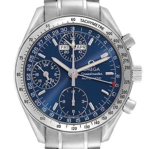 The Omega Speedmaster watch is shown from the front, displaying its blue dial, tachymeter bezel, and chronograph subdials.