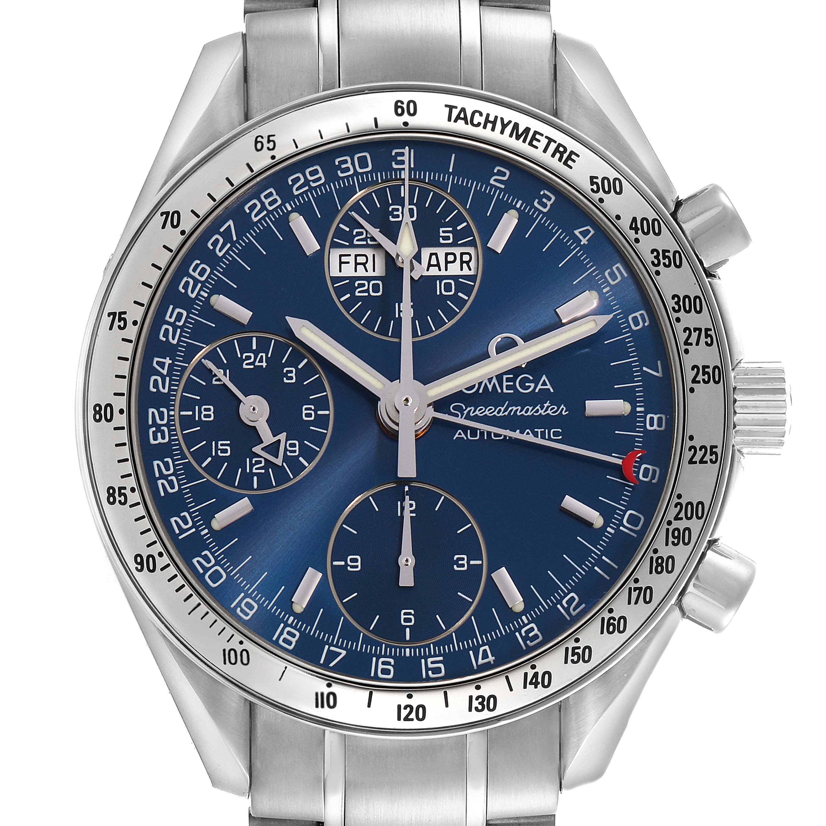The Omega Speedmaster 3523.80.00 Men
s Stainless Steel Blue Dial 3523.80.00 Men
s Stainless Steel Blue Dial watch is shown from a direct front angle, highlighting its dial, chronograph subdials, and tachymeter bezel.